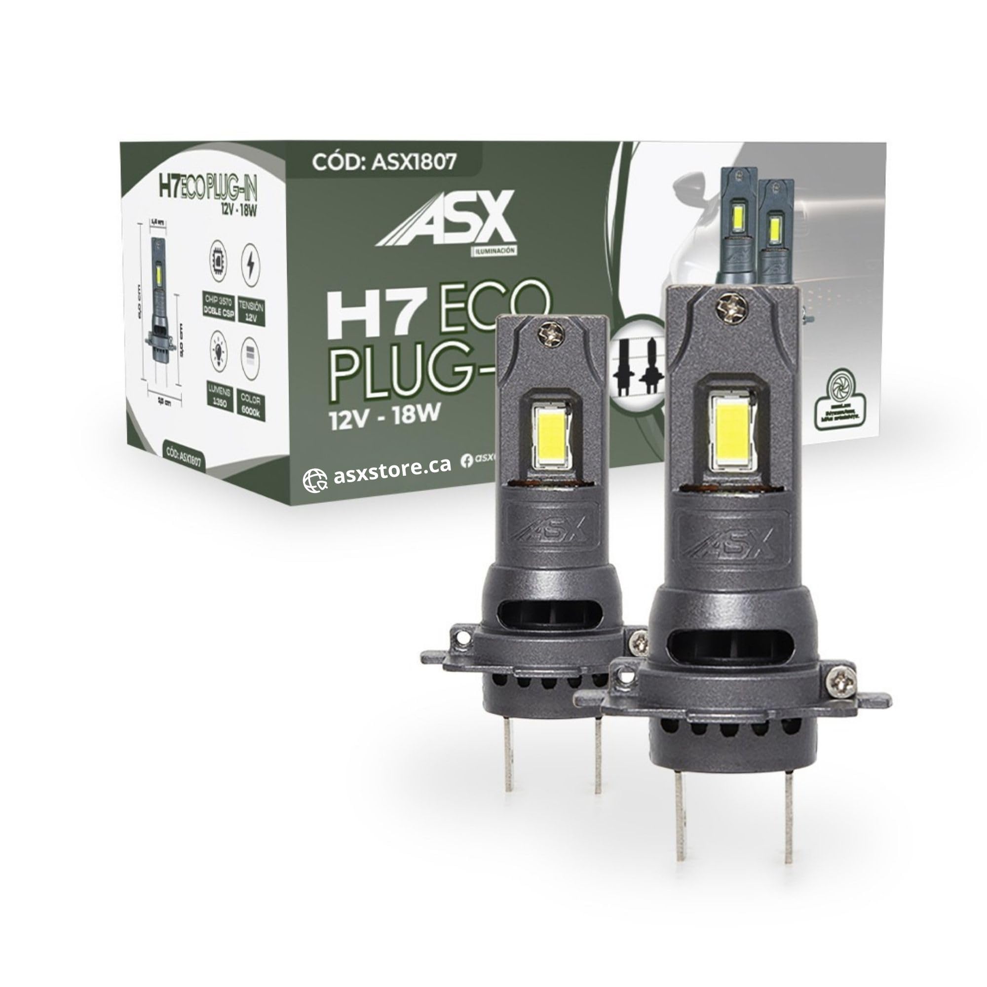 ASX Iluminación Bombillas Faro Delantero Off Road - ECO LIGHT PLUG IN 12V LED – 12V, Blanco 6000K, 1350 lúmenes, Plug & Play, CAN-BUS Compatible, Sin Deslumbramiento (H7)