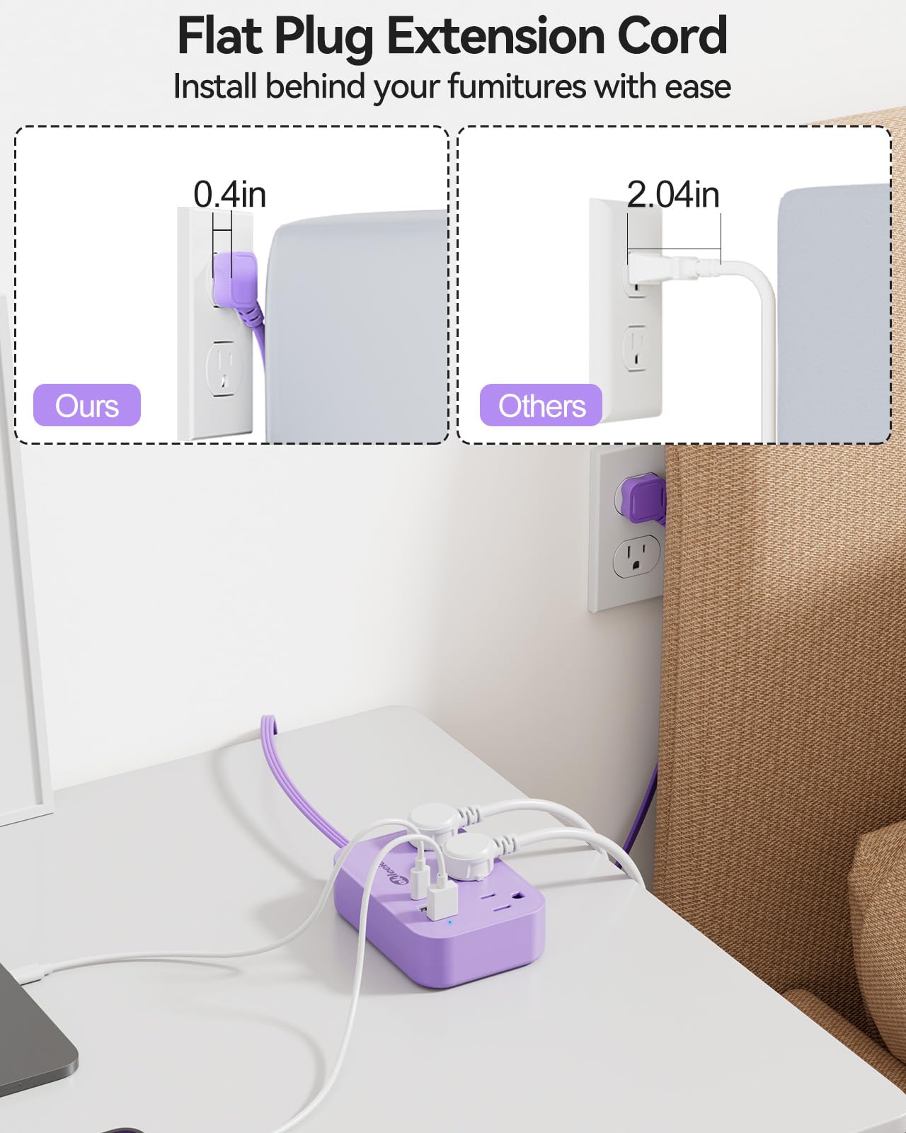 Cruise Essentials - Cavo di prolunga viola da 1,5 m, con 3 uscite AC e 3 USB, presa piatta da viaggio con stazione di ricarica USB, compatto per accessori per computer