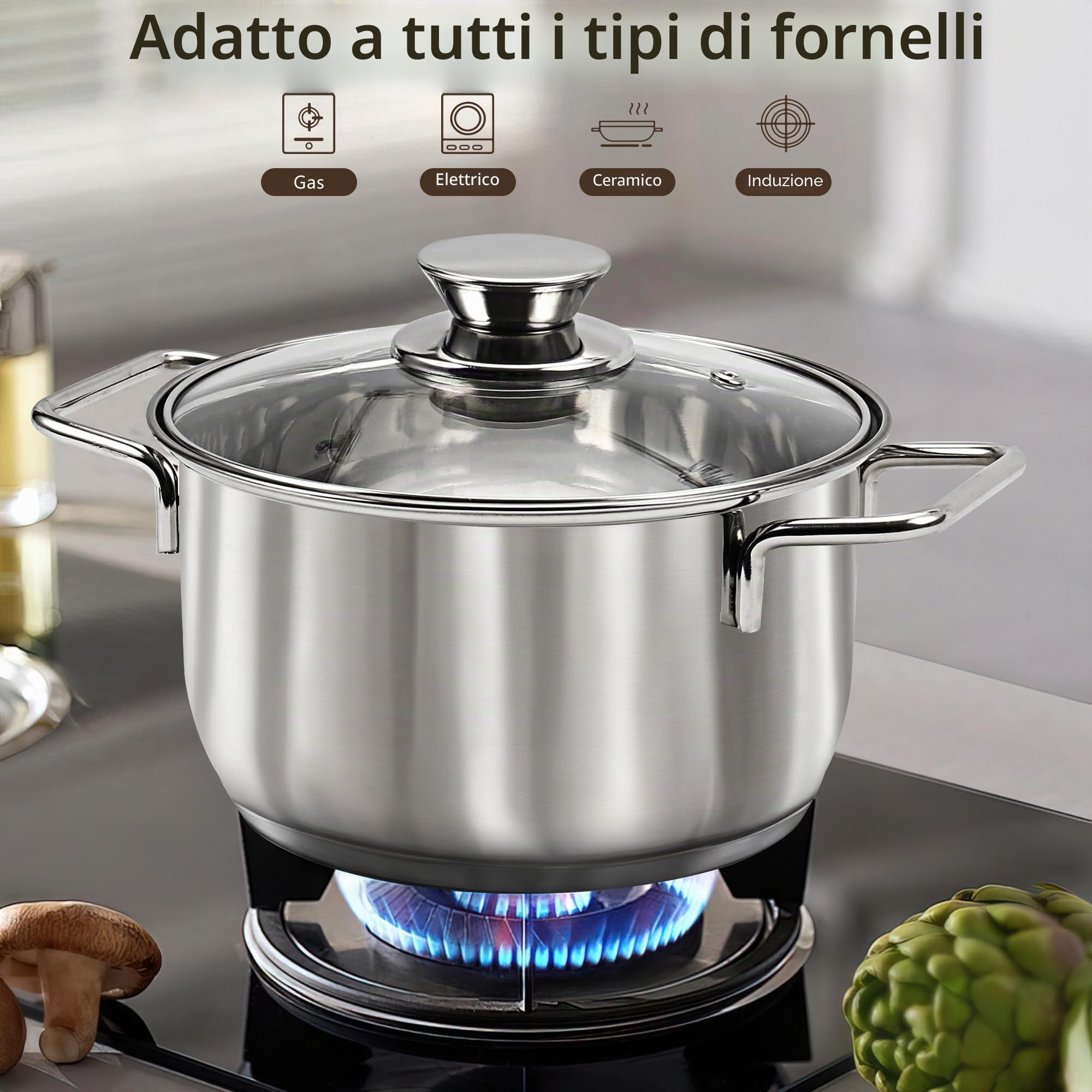 14 Pezzi Set di Pentole e Padelle in Acciaio Inossidabile, set di Pentole per Induzione, Pentole con Vapore e Coperchi in Vetro e Set di Utensili, Adatto a tutti i Fornelli