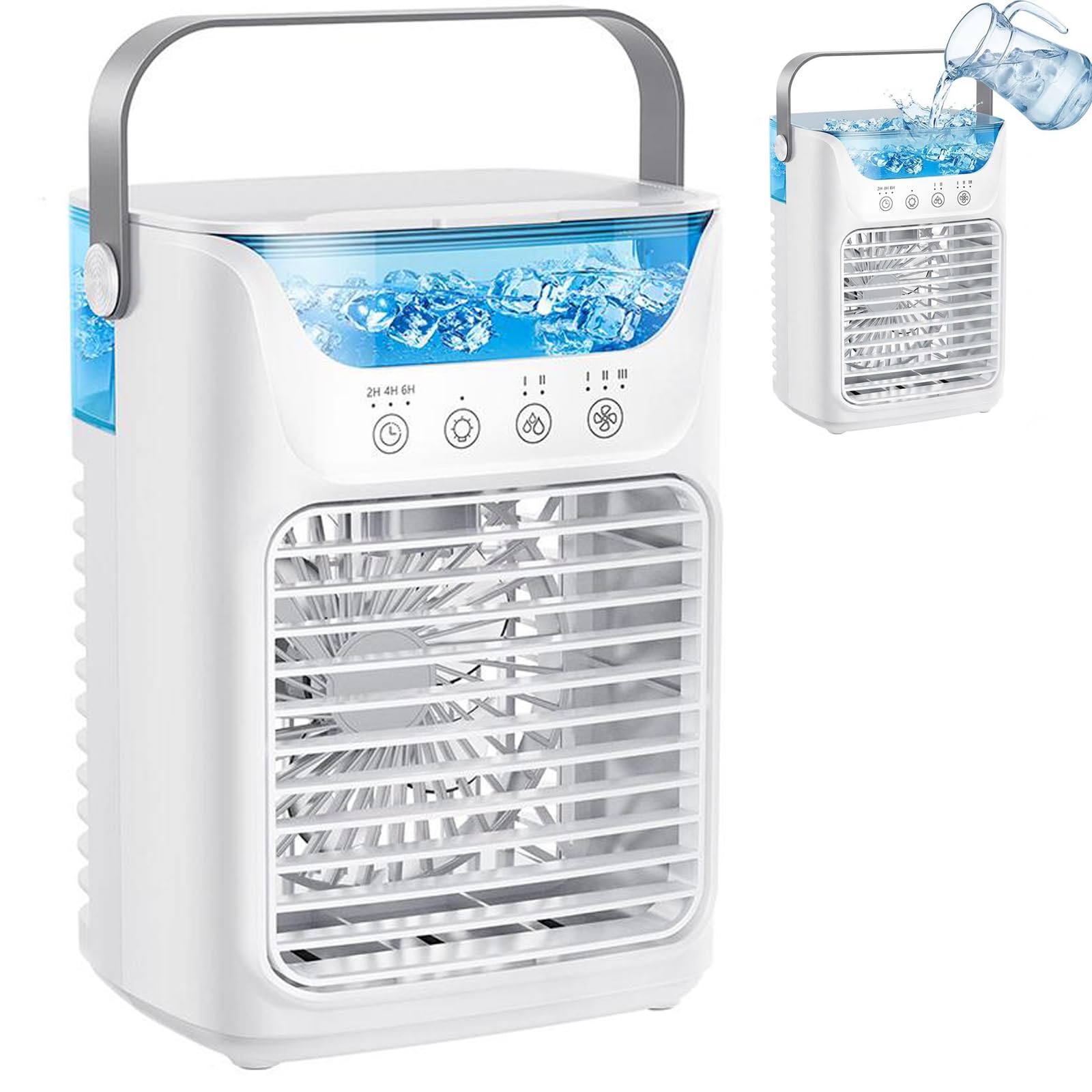 Mini Air Conditioner, Portable Air Cooler with 700ml Water Tank, 3 Speeds Portable Air Conditioner and Humidifier with 6H Timer, 7 LED Lights Desktop Cooling Fan for Summer Home Office Bedroom