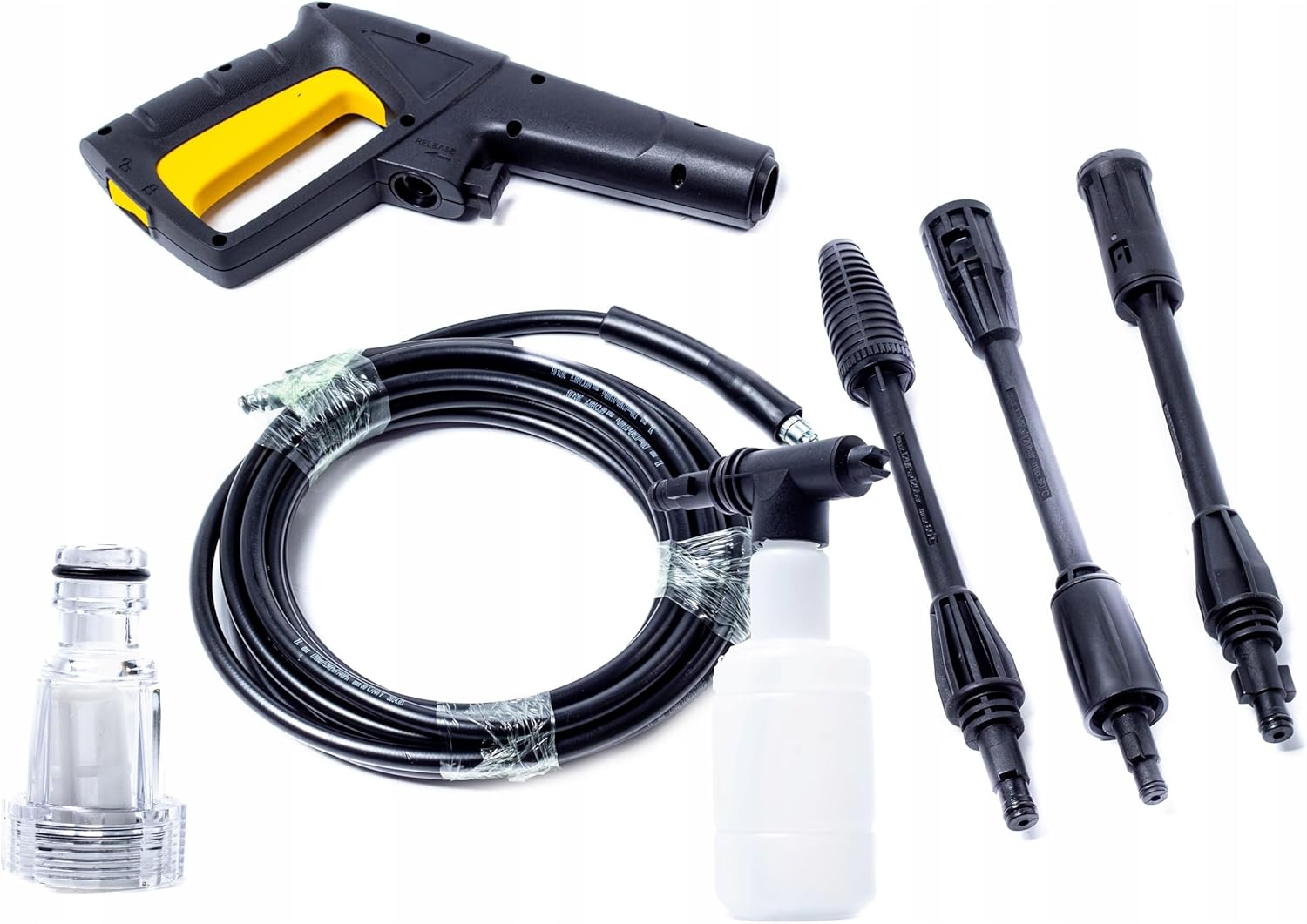 Close-up of RIWALL PRO REPW 120 SET accessories including spray gun, hose, and various nozzles