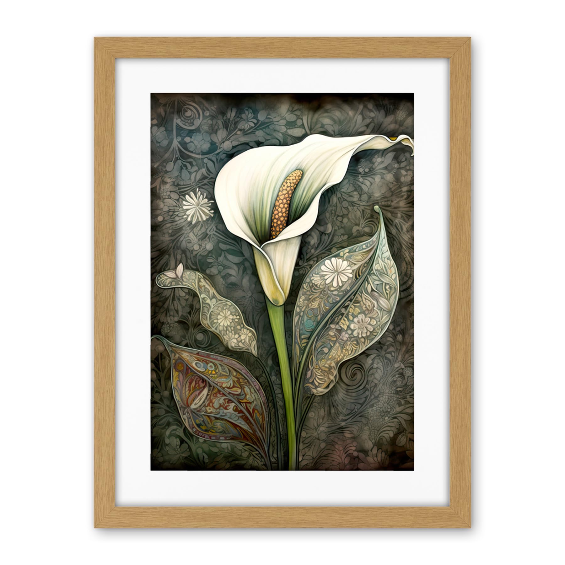 Artery8 Calla Lily Flower Bloom with Batik Style Patterns Artwork Framed Wall Art Print 18X24 Inch