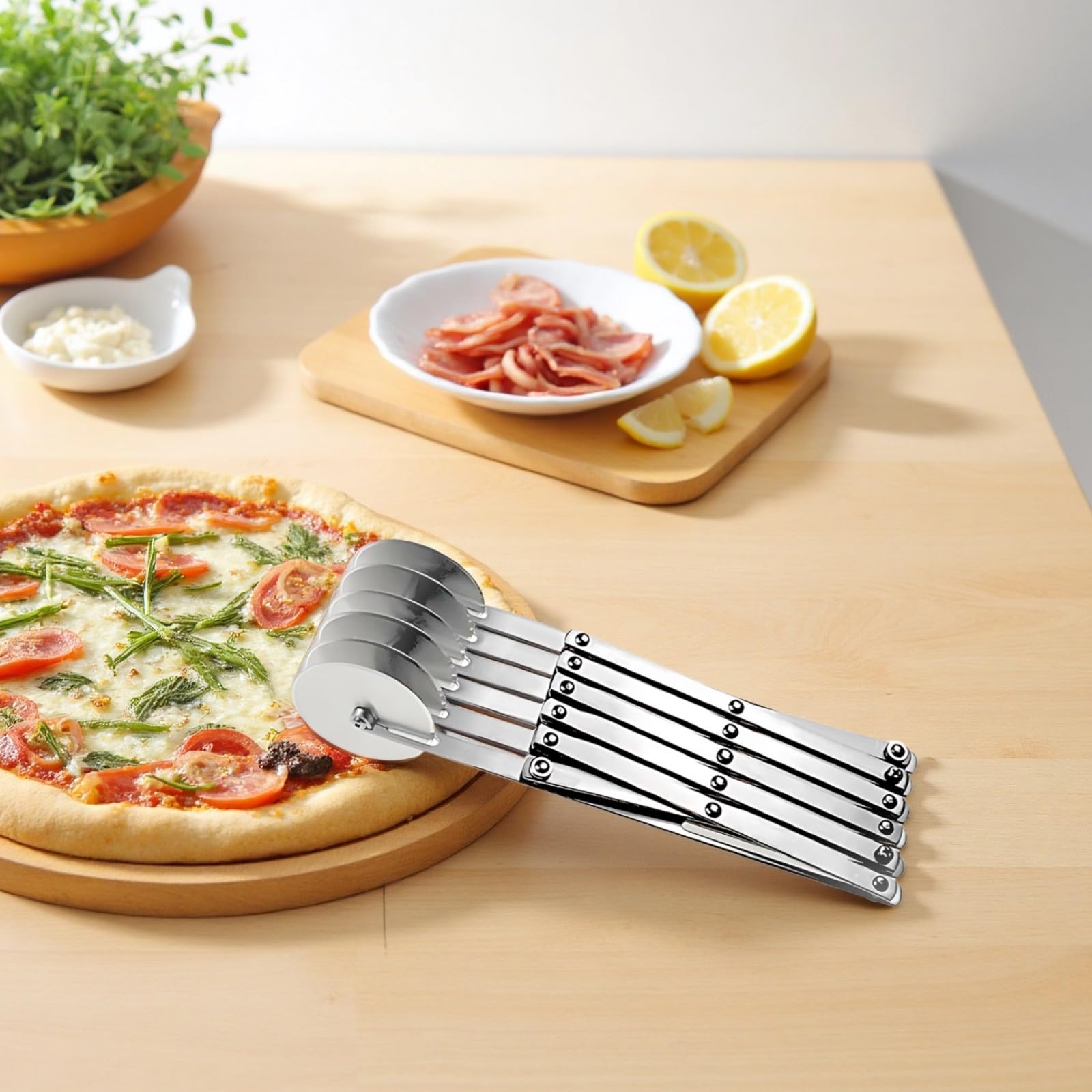 Edelstahl-Teigteiler mit 6 Rädern, verstellbarer Teigschneider und Pizzaroller, ausziehbar von 24,5 bis 59,8 cm, Räder 5,5 cm, für Pizza, Teig, Gebäck und gleichmäßige Portionen