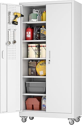 Miniatura 14 de Aobabo Armario de almacenamiento de garaje con tablero de clavijas de puerta, armario de almacenamiento de metal con cerradura con 5 estantes