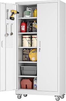 Aobabo Metal Storage Cabinet with Wheels, Steel Locking Cabinet with Pegboard Doors, Garage Cabinet for Office Pantry, 5 Adjustable Shelves, 16" D x 32" W x 71" H,Required-Assembly,White