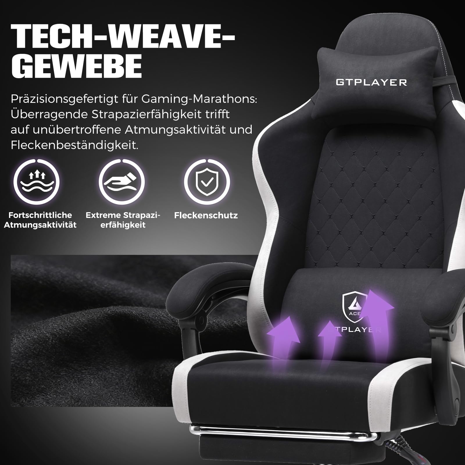GTPLAYER Gaming Stuhl Ergonomischer, PC Stuhl Atmungsaktiver Stoff, Groß und Hoch Drehbarer Schreibtischstuhl mit Fußstütze,Verstellbare Lendenwirbelstütze und Kopfstütze,Schwarz