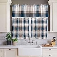 Vista 3 de Buffalo - Juego de cenefa y niveles de cortina de cocina a cuadros, estilo granja, marrón y azul, 54 x 36 pulgadas