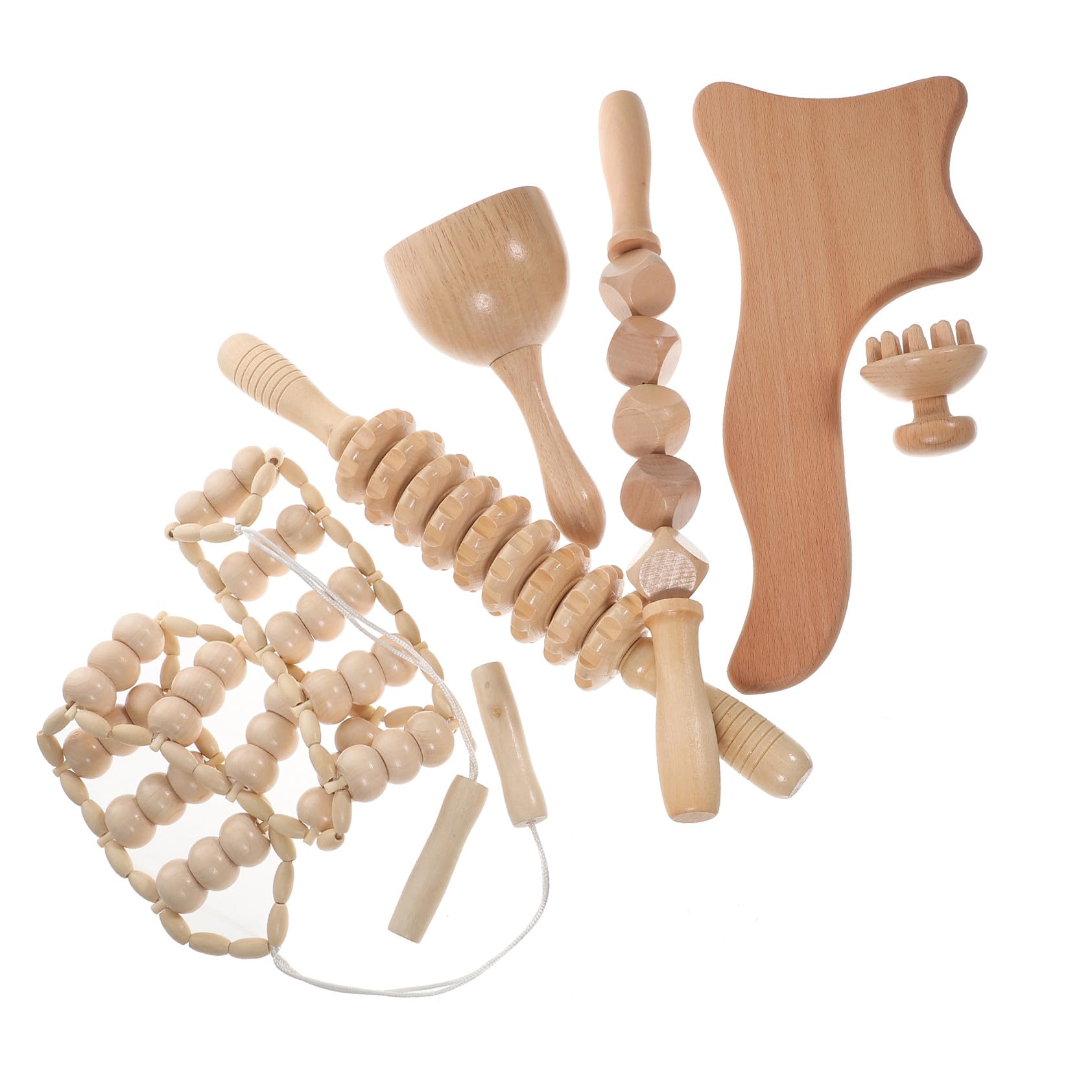 ORFOFE Kit de 6 Herramientas de Masaje de Madera Tabla de Masaje, Palo de Rodillo Grabado y Rodillo Masajeador Anticelulitis para Aliviar la Fatiga