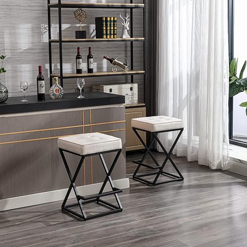Miniatura 6 de ROCITY Juego de 2 taburetes de bar tapizados de lino con espalda descubierta para isla de cocina, silla industrial de metal, 26 pulgadas, beige