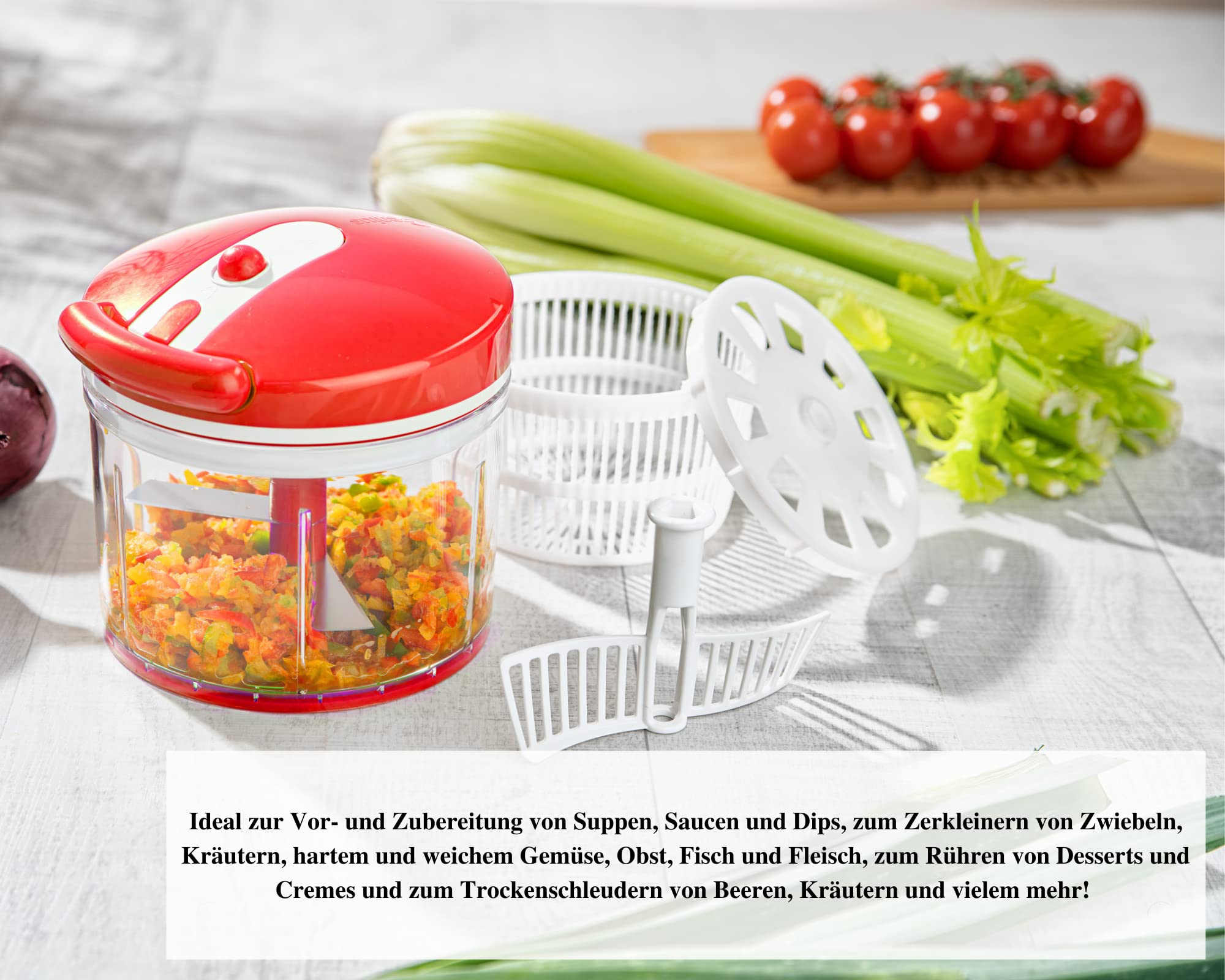 Genius Nicer Dicer Twist Universal Chopper Set 9-Piece Red - Vegetable Cutter Manual with Pulley, Salad Spinner & Sieve - Onion Cutter for Chopping + Puréeing 1000 ml