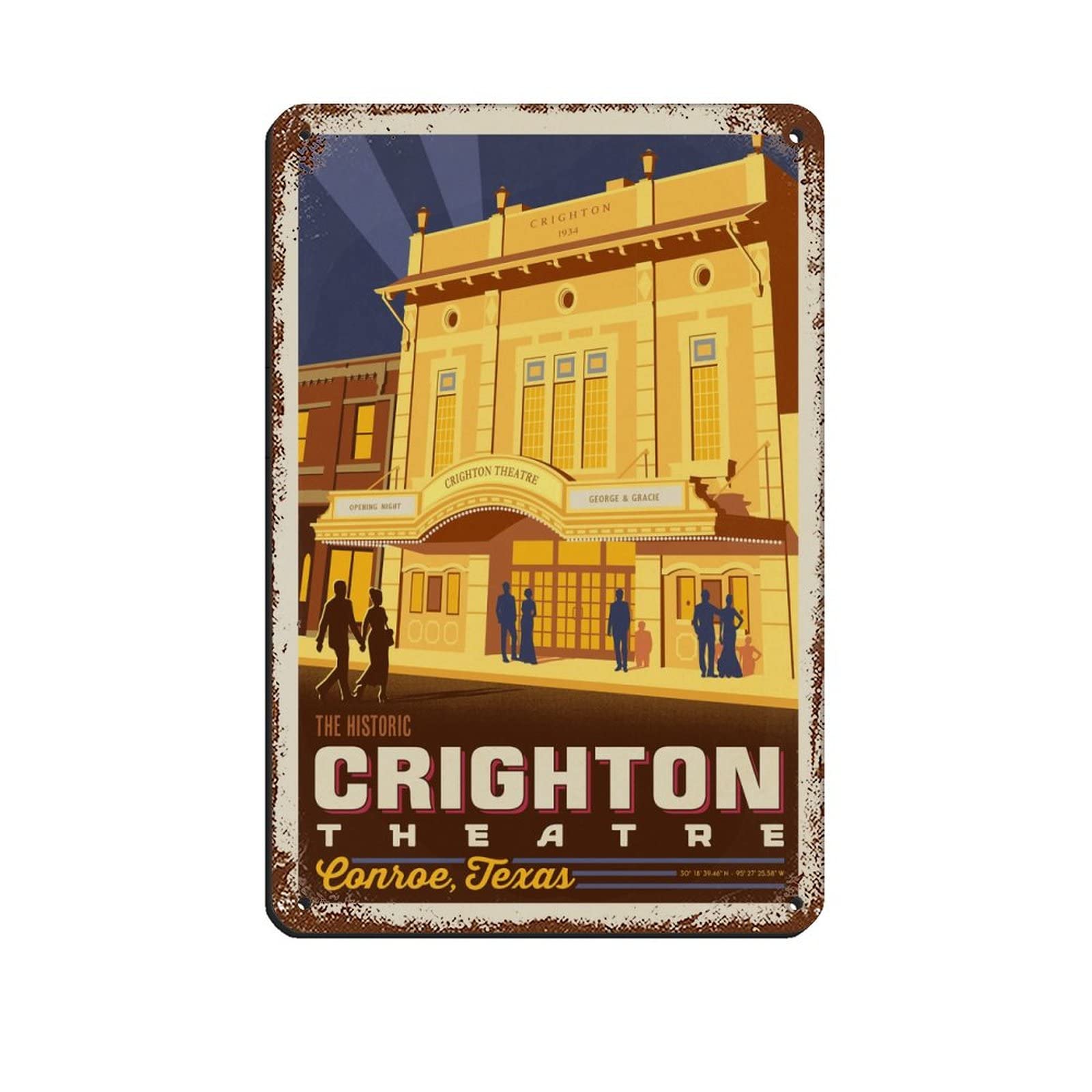 AZOLID Funny Tin Signs Conroe TX Crighton Theatre Travel Tin Signs Retro Bar Pub Diner Cafe Home Bathroom and Room Art 14x20CM