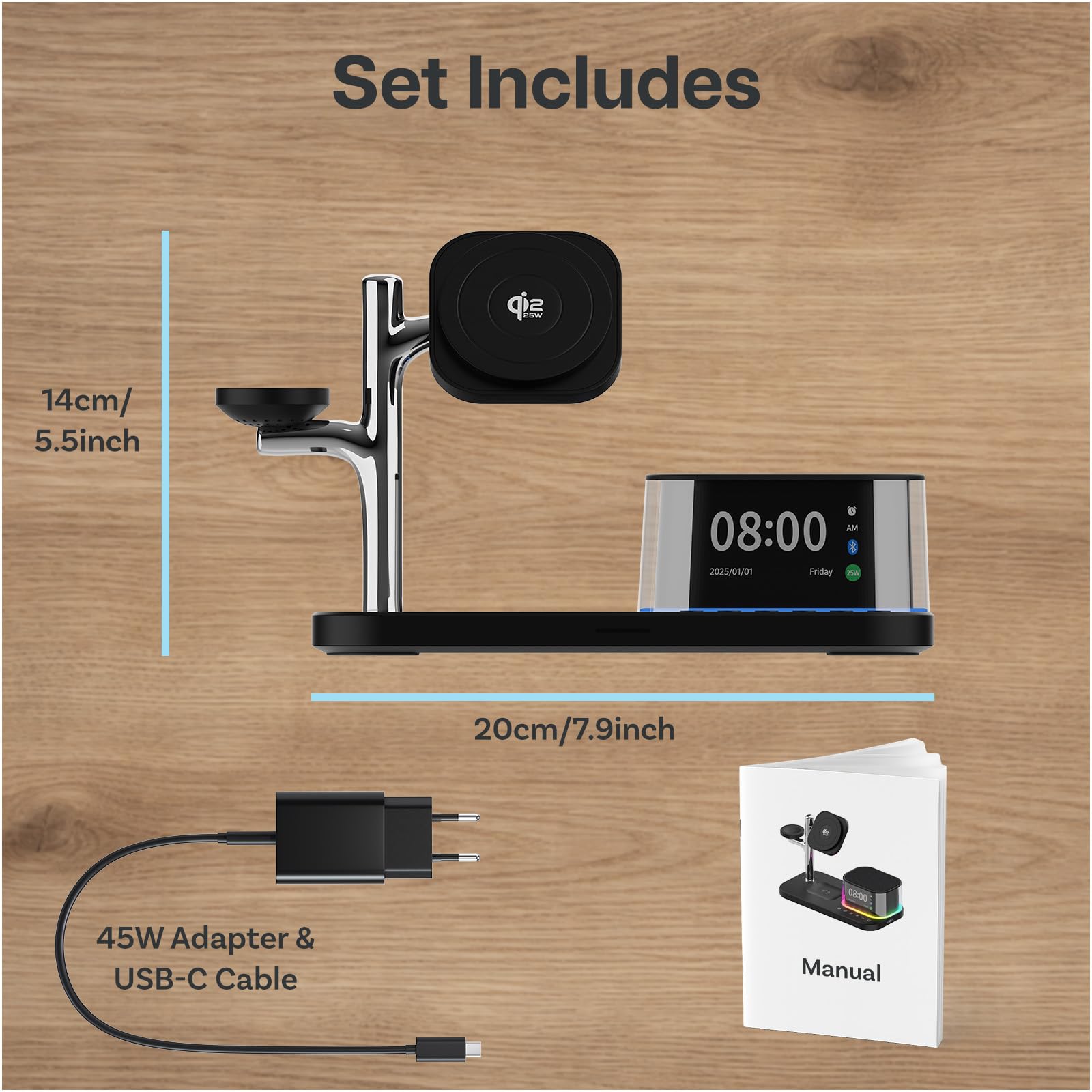 Cargador Inalámbrico 5 en 1 con Reloj Despertador, Altavoz Bluetooth y Luz Nocturna LED para MagSafe de MMOBIEL – Cargador Magnética Qi2.2 25W para iPhone, Apple Watch y AirPods – Negro