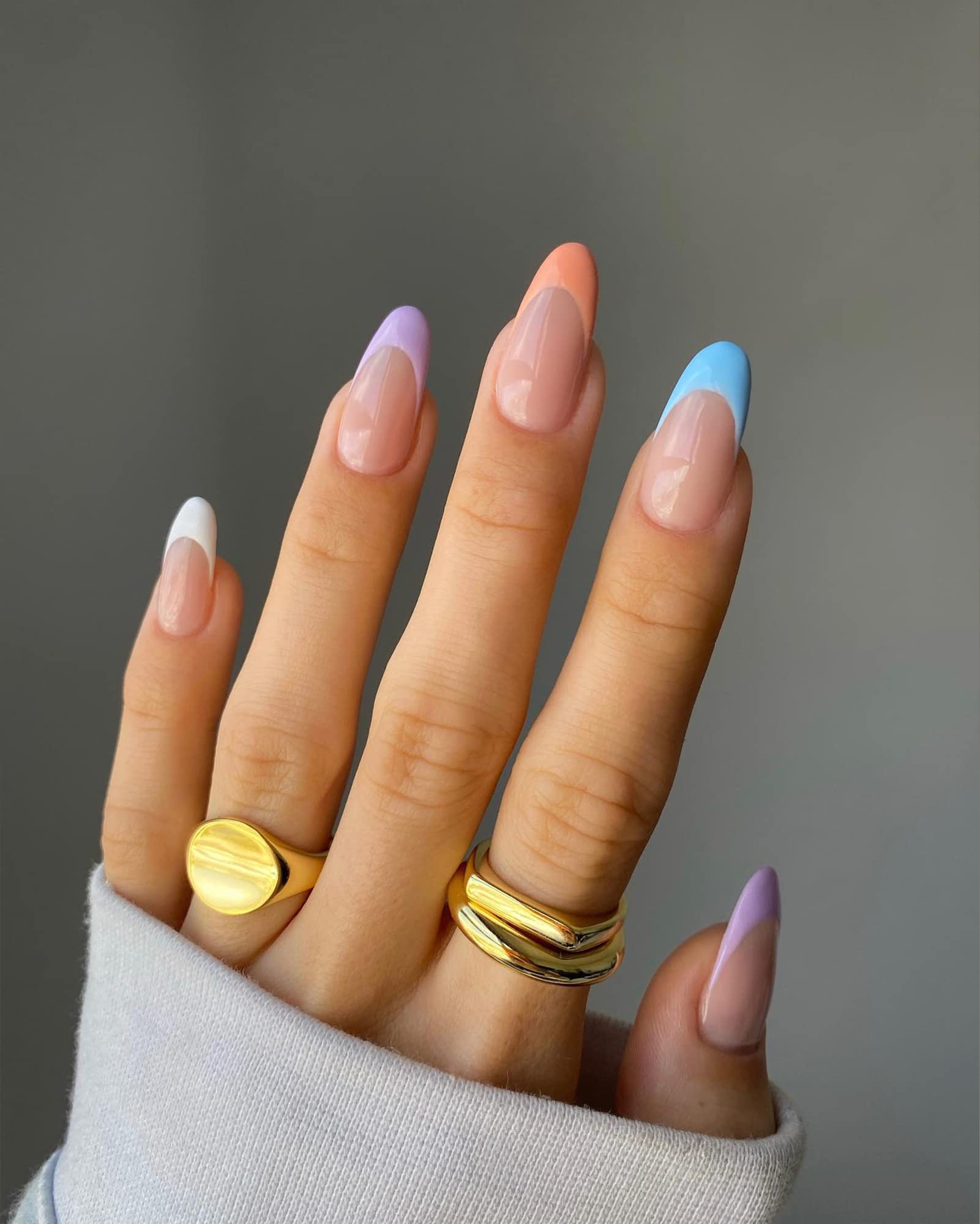 Amazon.com: LADYING 24 Pcs Almond False Nails Short, Medium Press on Nails  with Rainbow Color French Designs, Stick on Nails for Women, Acrylic Fake  Nails Oval with Glue for Women Nails Art :