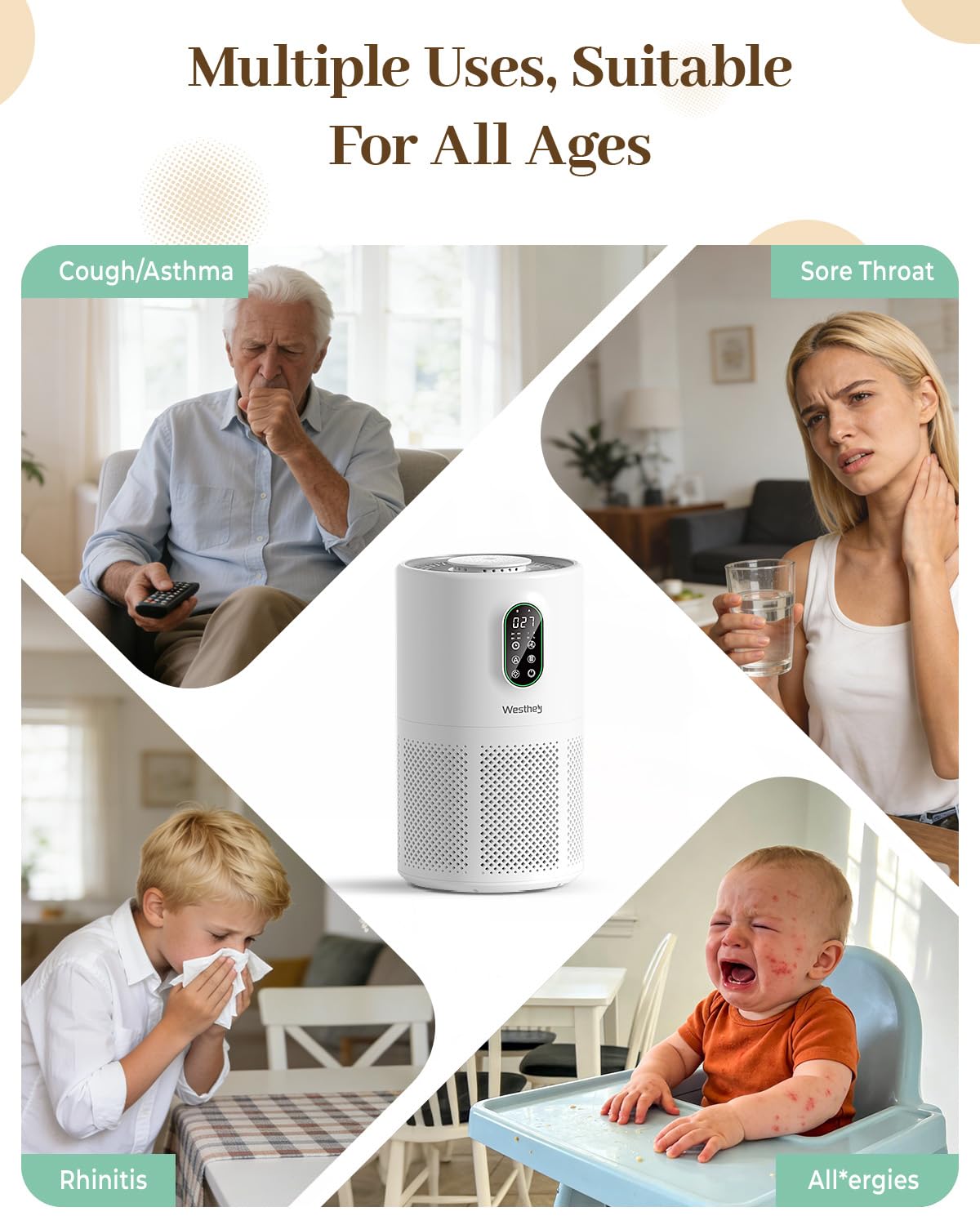 Purificatori d'aria per la casa di grandi dimensioni 1650 m² con filtri lavabili, WESTHEY H13 HEPA purificatore d'aria con fragranza che scorre luce ambientale, filtro dell'aria per Wildfire, fumo