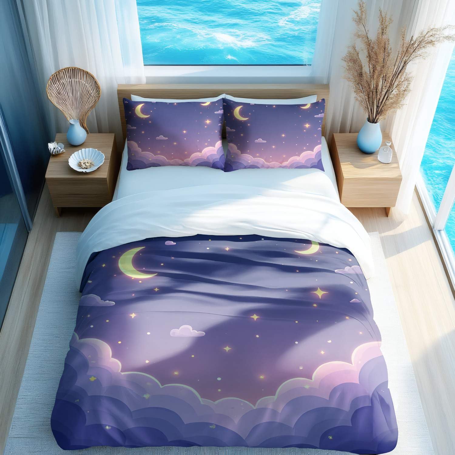 Parure de lit motif dessin animé mignon lune étoiles chambre enfant ado housse couette King 3 pcs