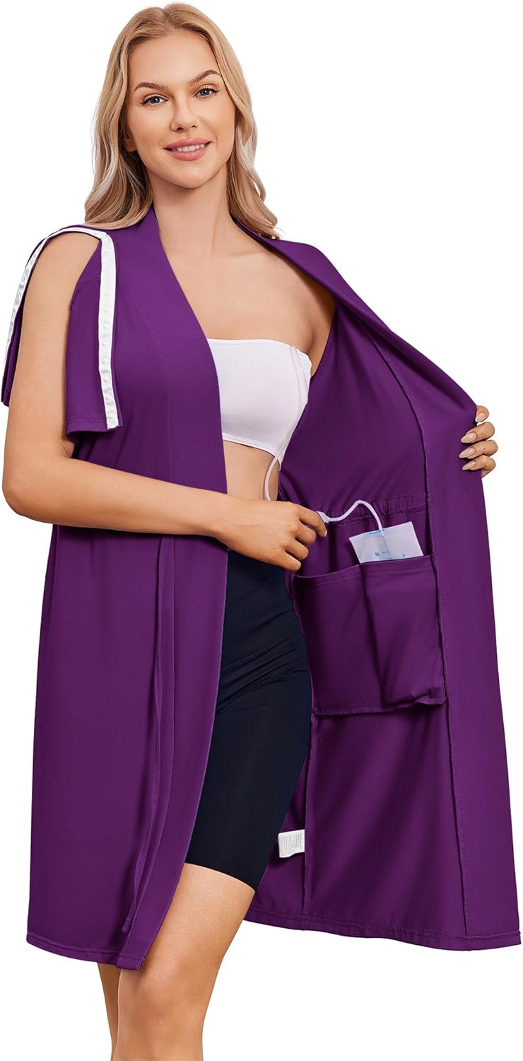 Deyeek Women's Post Surgery Mastectomy Robe with 4 Internal Drain Pockets Short Sleeve Adaptive Nightgowns Pajama Dress Shirt