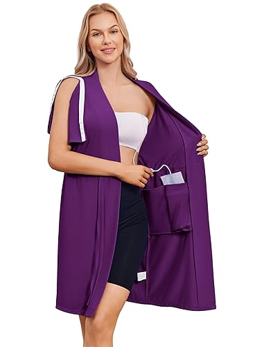 Deyeek Women's Post Surgery Mastectomy Robe with 4 Internal Drain Pockets Short Sleeve Adaptive Nightgowns Pajama Dress Shirt - Purple - X-Large