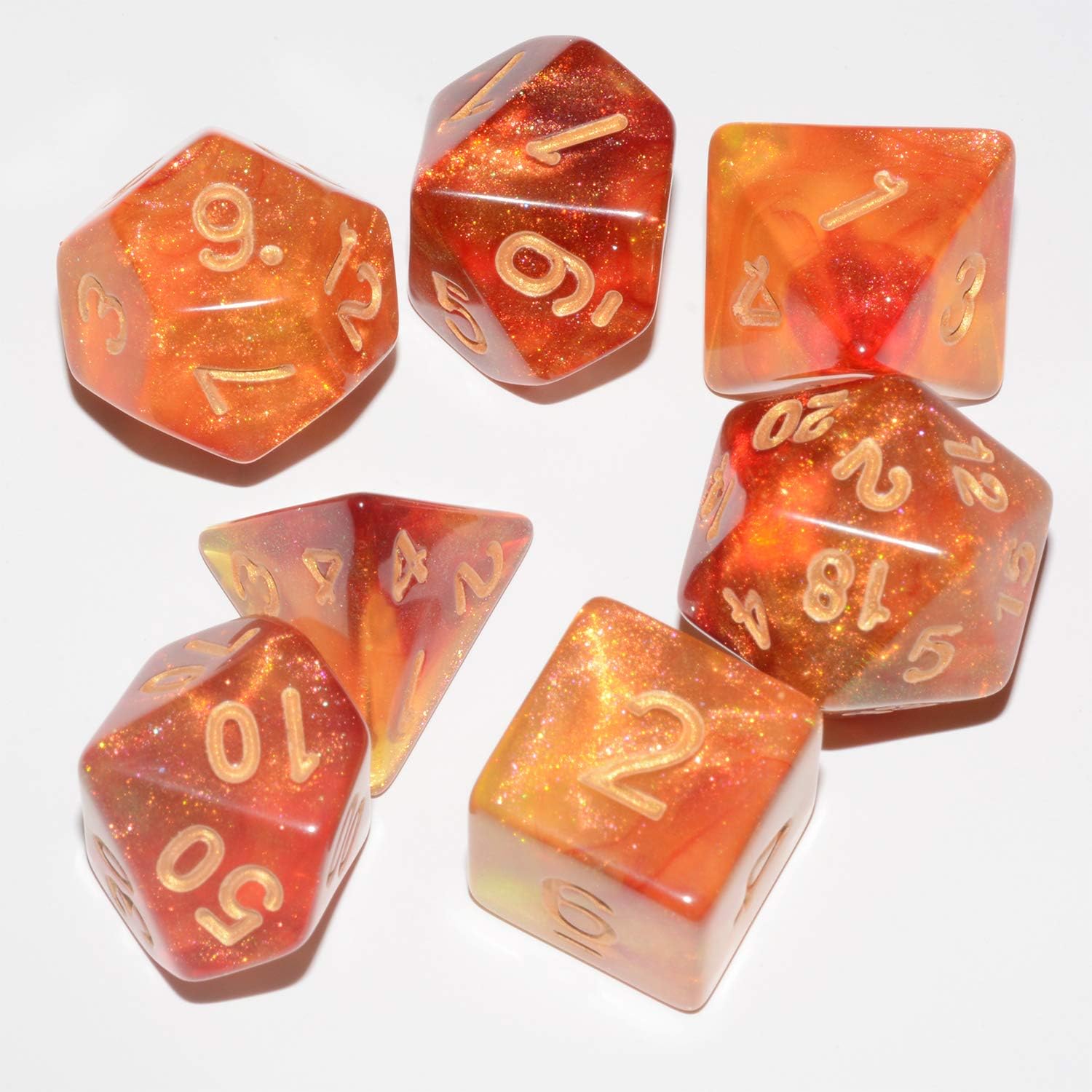 Galaxy DND Dice 7Pieces, Glitter Sparkle Cosmic Orange Red Mixed Polyhedral DND Dice for RPG MTG Table Game Dice