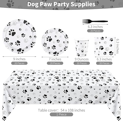 Miniatura 9 de durony 121 piezas de suministros de fiesta con estampado de pata azul para perro, mantel de cumpleaños para perros, platos, servilletas, tenedores y