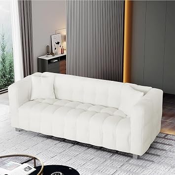 80" Modern Sofa for Living Room, White Bubble Sofa Couch for Office 3Seater Boucle Sofa Couch with Pillows & Sliver Metal Leg for Bedroom Apartment Fabric White