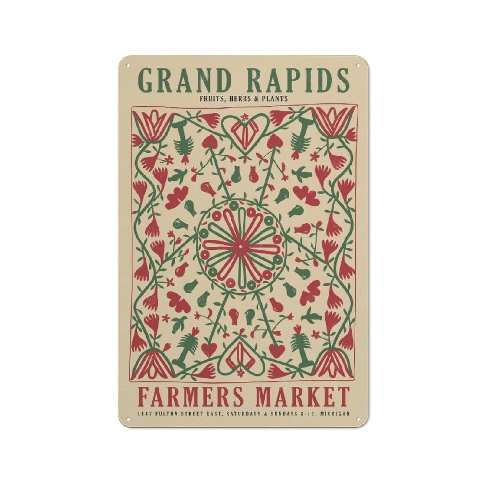 Junmoney Style-14 Metal Wall Sign 30X20cm Featuring Grand Rapids Farmers Market For Hallway Wall, For Vintage Wall Decor Fans, For Cafés, Pubs And Restaurants