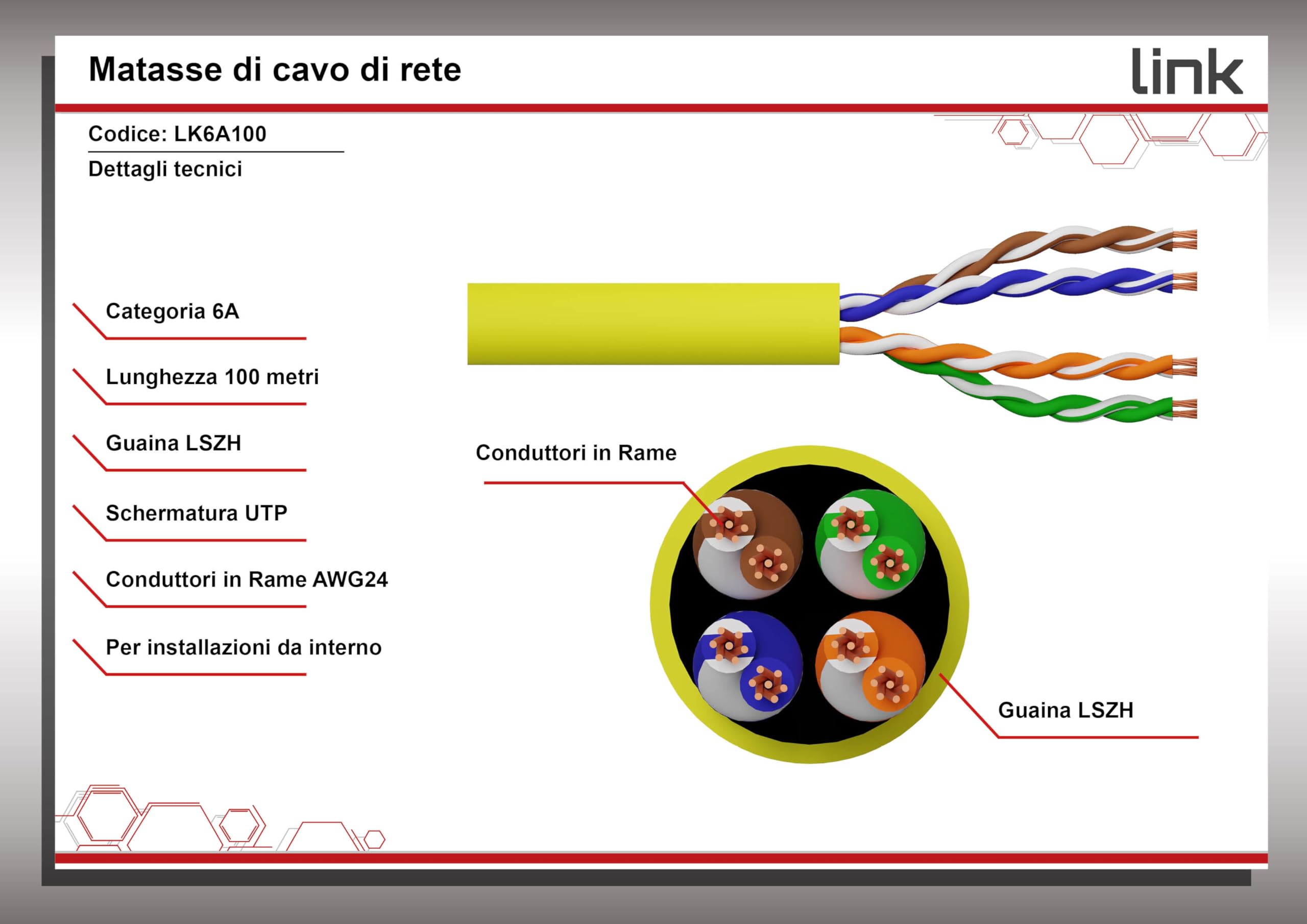 LINK LK6A100Y Câble réseau Cat. 6A non blindé UTP AWG24 Halogène flexible couleur jaune 100 m
