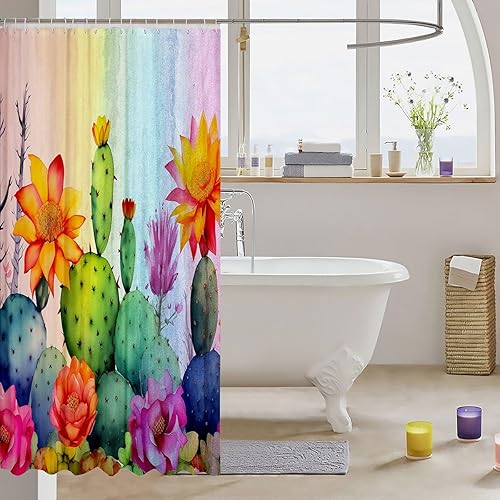 Miniatura 3 de Cortina de ducha de cactus, cortina de baño de plantas del desierto tropical en acuarela, cortina de ducha de teñido anudado para decoración de