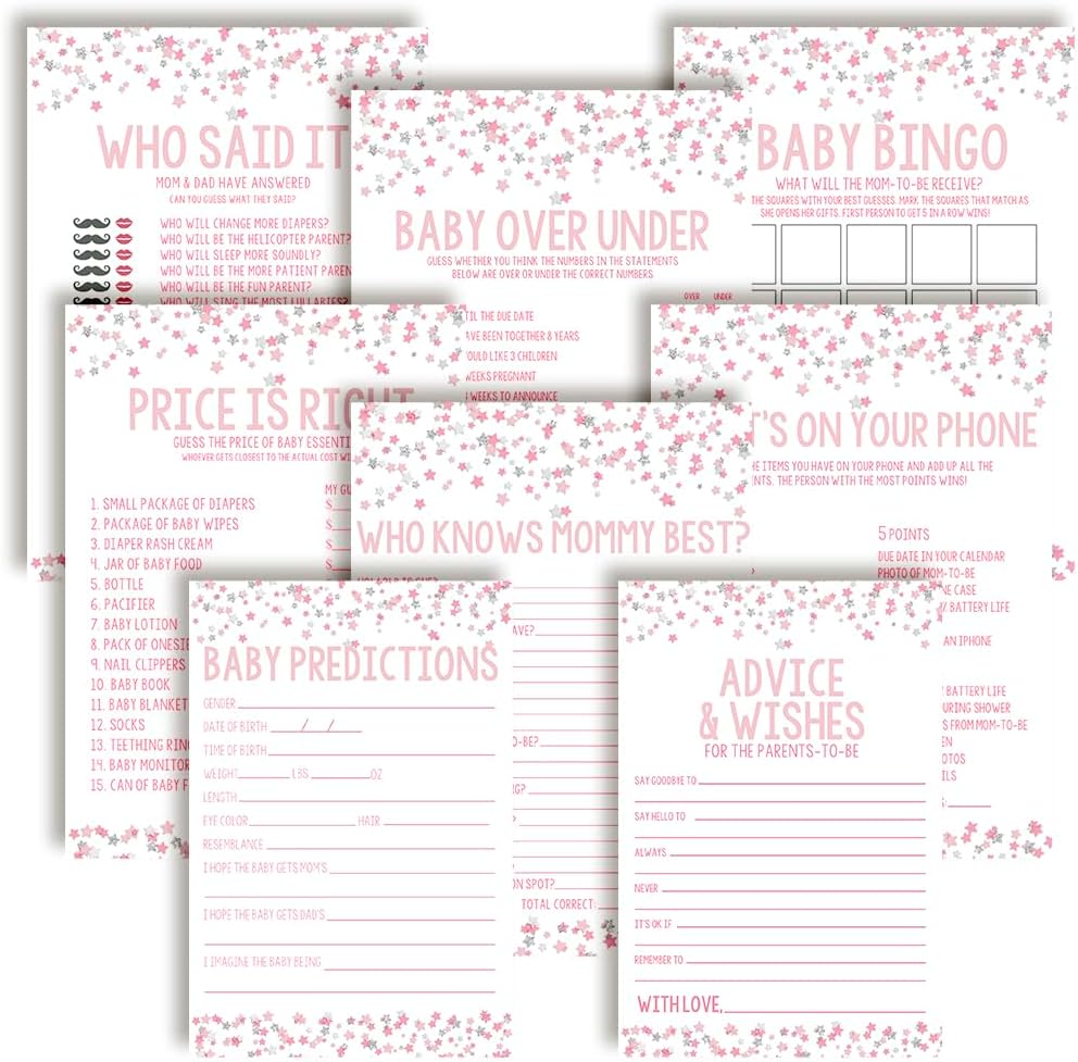 Amanda Creation Baby Shower Games 8 Game Set Pink & Silver Twinkle Little Star Girl 80 Double-Sided Cards for 20 Guests. Baby Shower Bingo, Baby Predictions & Activities for Guests. Theme for Girl