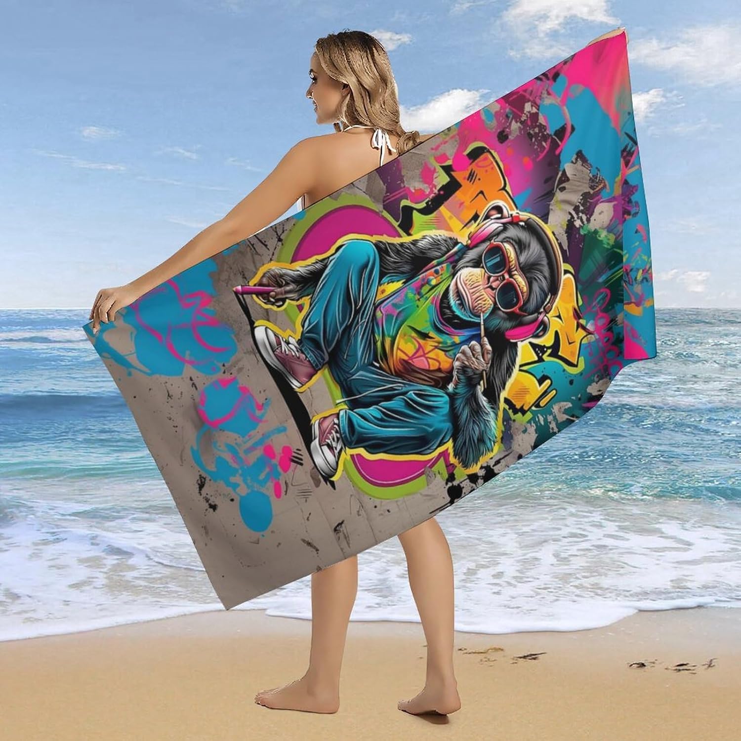 Street Graffiti Monkey Beach Blanket Bath Towels Beach Towel Quick Dry Cool Shower Pool Home 63 * 31.5 in