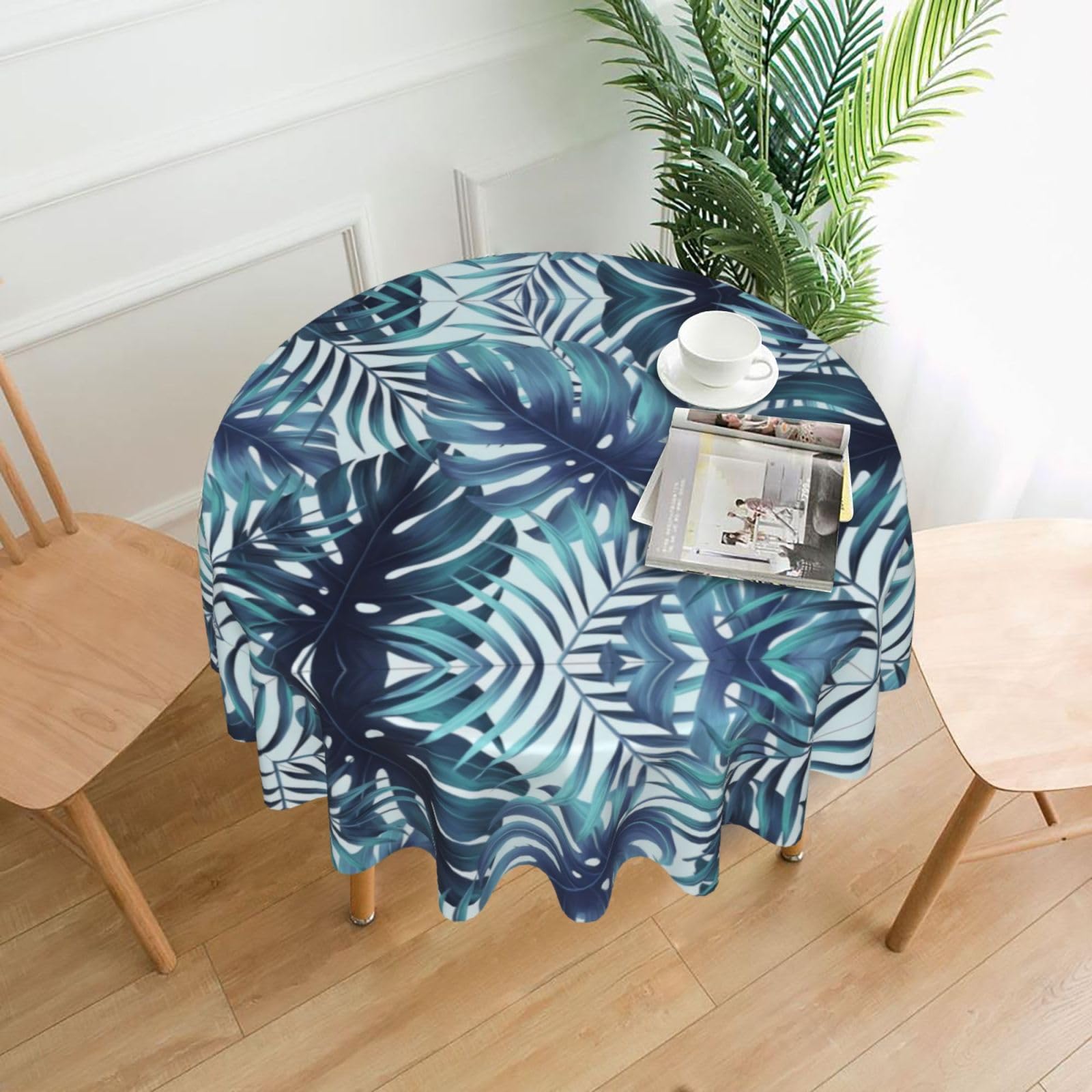 HLSBSSL Tropical Palm Leaves Printed round decorative tablecloth, 60 inches, suitable for various tables in the living room, dining room, coffee table, etc.