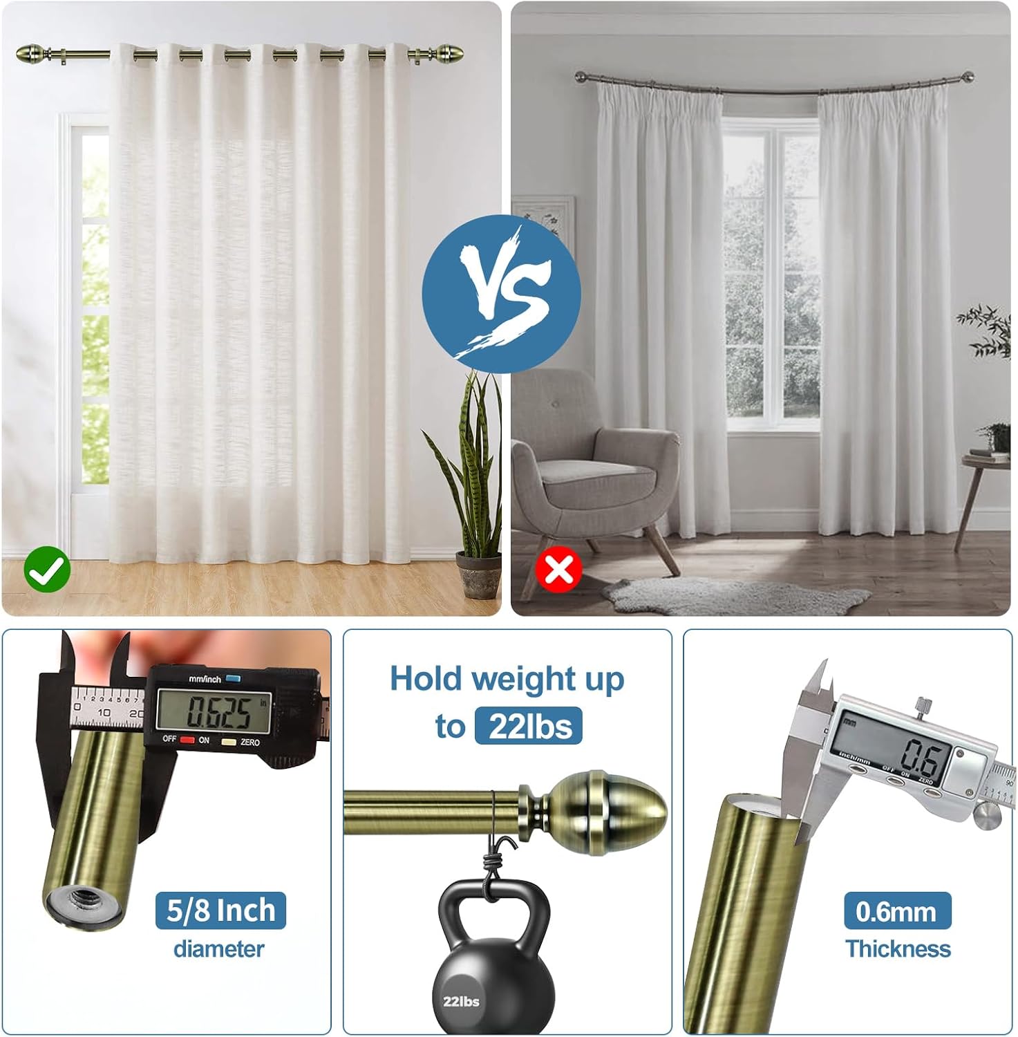 Urbanest Adjustable Acorn Drapery Rod, 48"-84", Antique Brass
