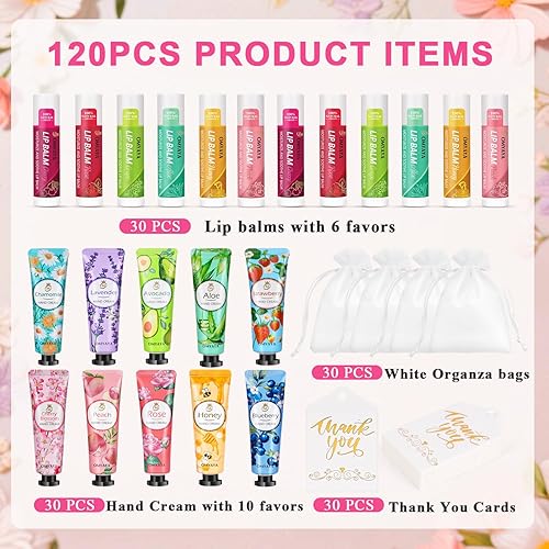 Miniatura 2 de 120 piezas de regalos a granel para mujeres, bálsamo labial a granel y crema de manos con bolsas de organza, tarjetas de agradecimiento, recuerdos