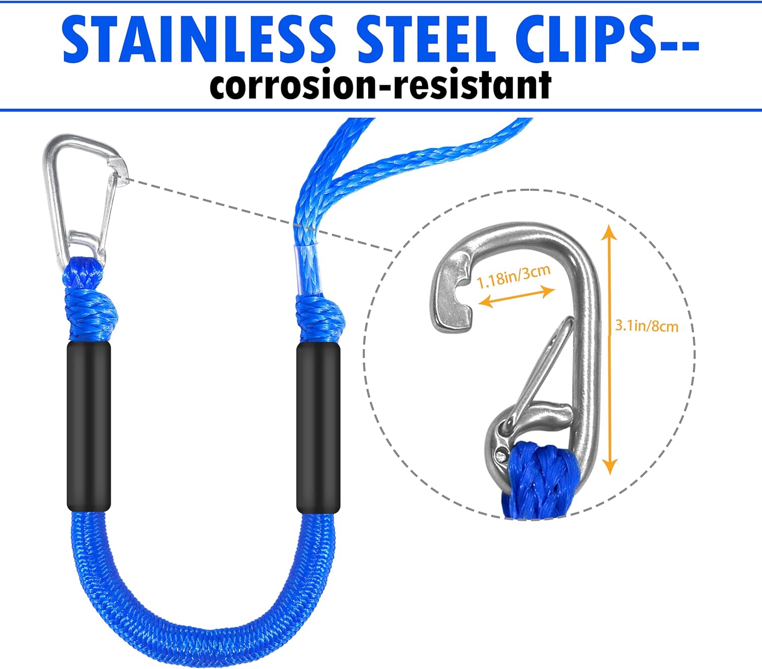 Bungee Dock Line with Stainless Steel Hook - Quick Release Elastic Mooring Rope for PWC, Kayak, Jet Ski | | No Knot Docking | Boat Fender Lines, 2.5 FT Pack of 2 (Stretches to 3.5 ft) (Blue)
