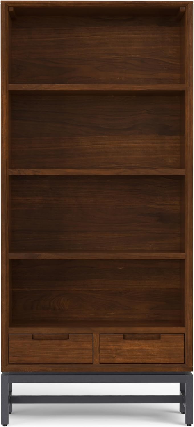 SIMPLIHOME Banting Bookcase - 66 inch Tall Solid Walnut Veneer and Metal Bookshelf, Industrial Storage for Living Room, Study Room or Office with Open Shelves and Metal Frame