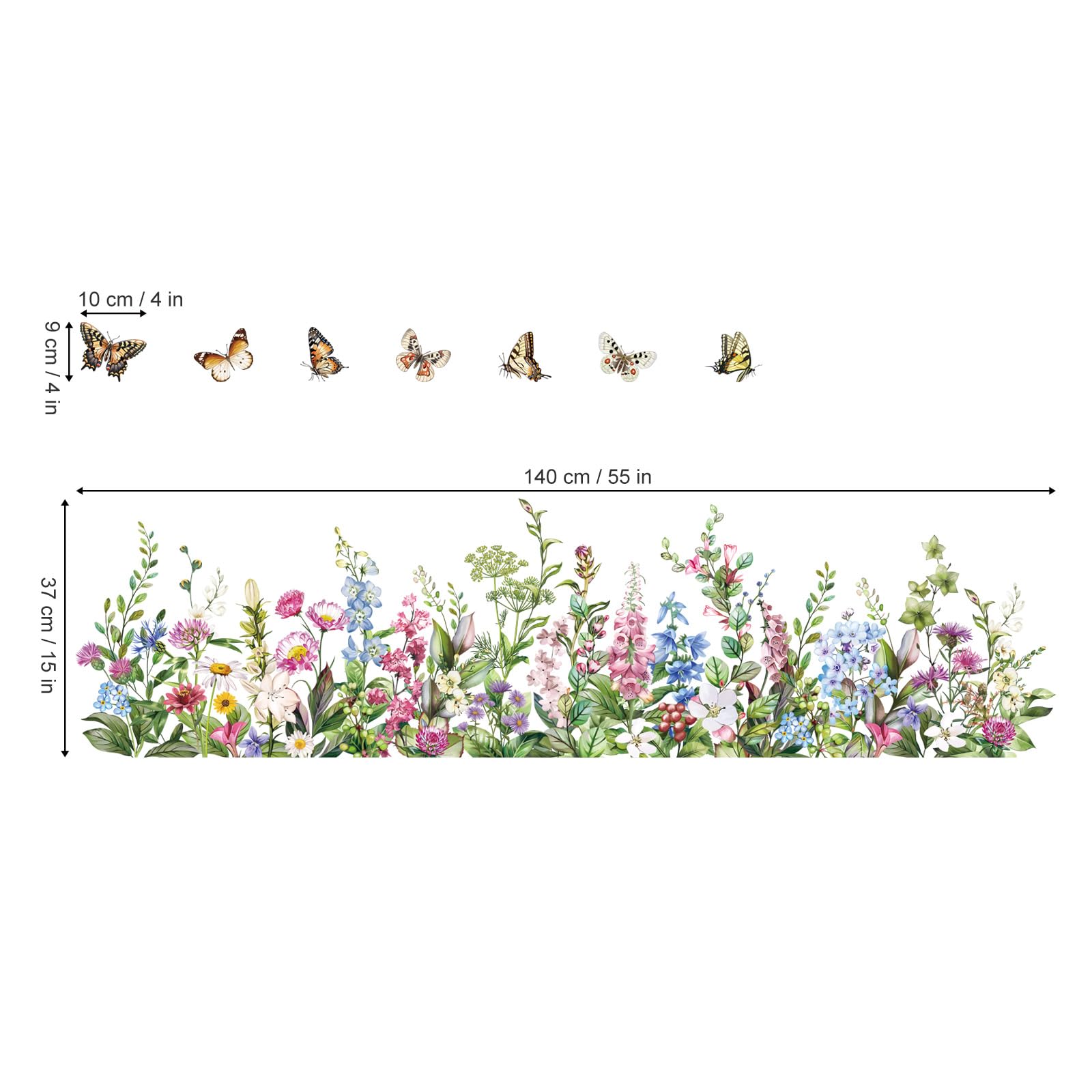 Adesivi Murali Erba E Fiori Con Farfalle - Decorazione Per Pareti, Battiscopa, Camerette Bambini, Soggiorno, Cucina