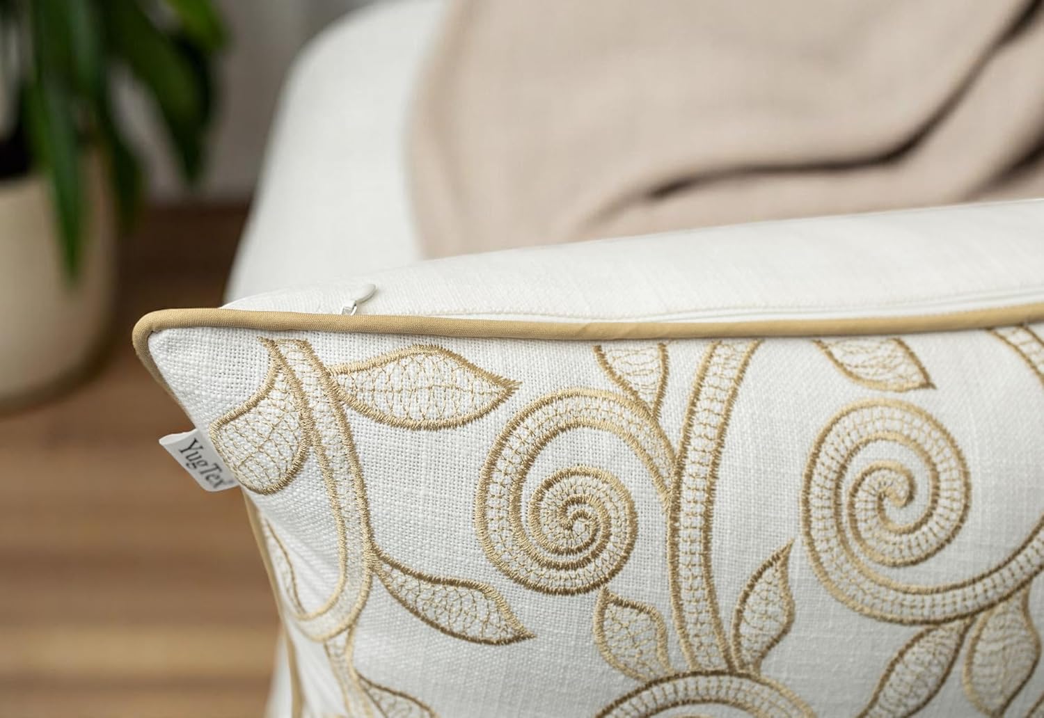 Maurice Scroll Embroiderd Decorative Square Accent Throw Pillow Cover - Sofa, Chair, Couch, Bedroom, Living Room, Farmhouse Home Decor - 20x20 Inches, Ivory