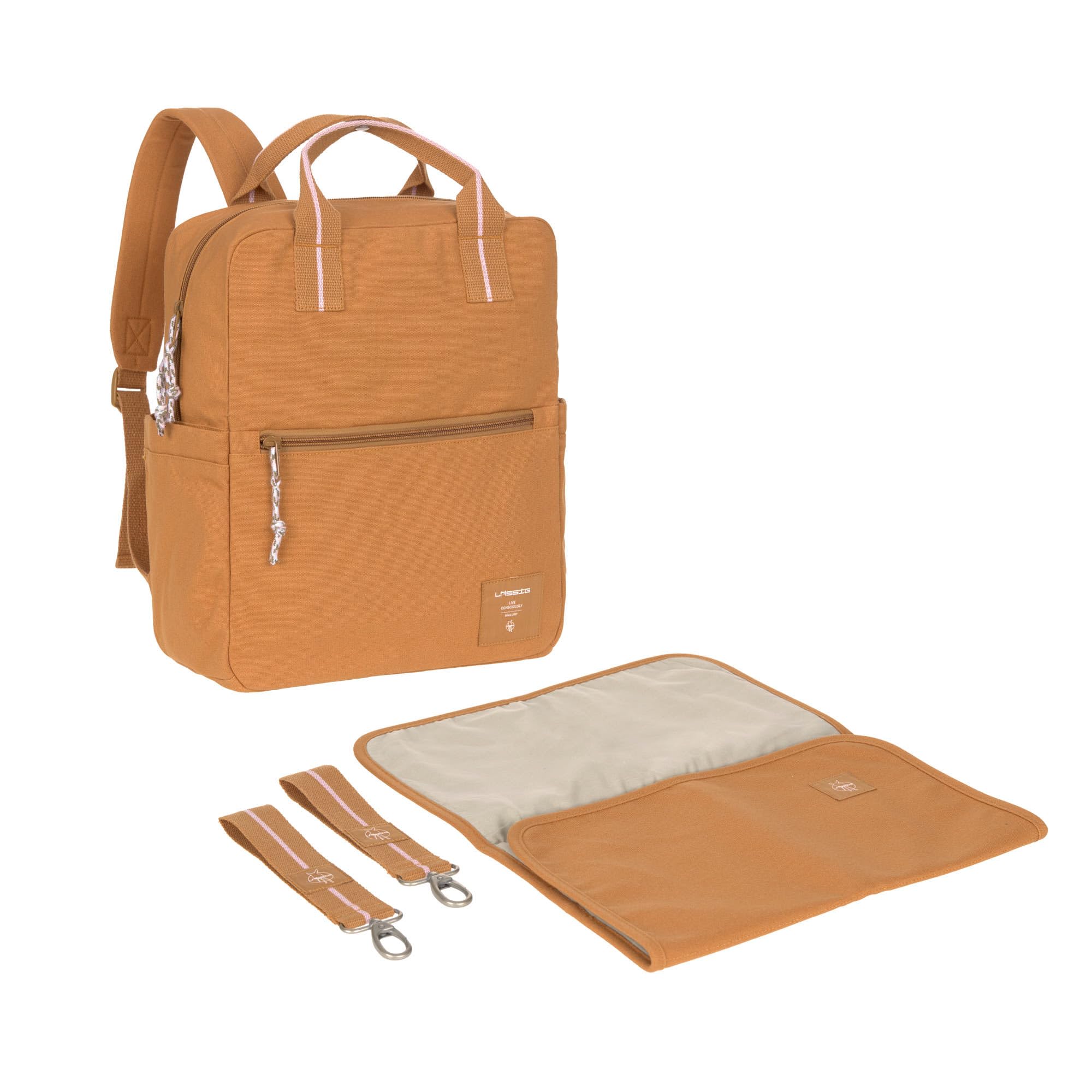 LÄSSIG Plecak do przewijania dla niemowląt, torba do przewijania z podkładką do przewijania i mocowaniem do wózka dziecięcego, wodoodporny, Little One & Me Square Backpack Big Caramel