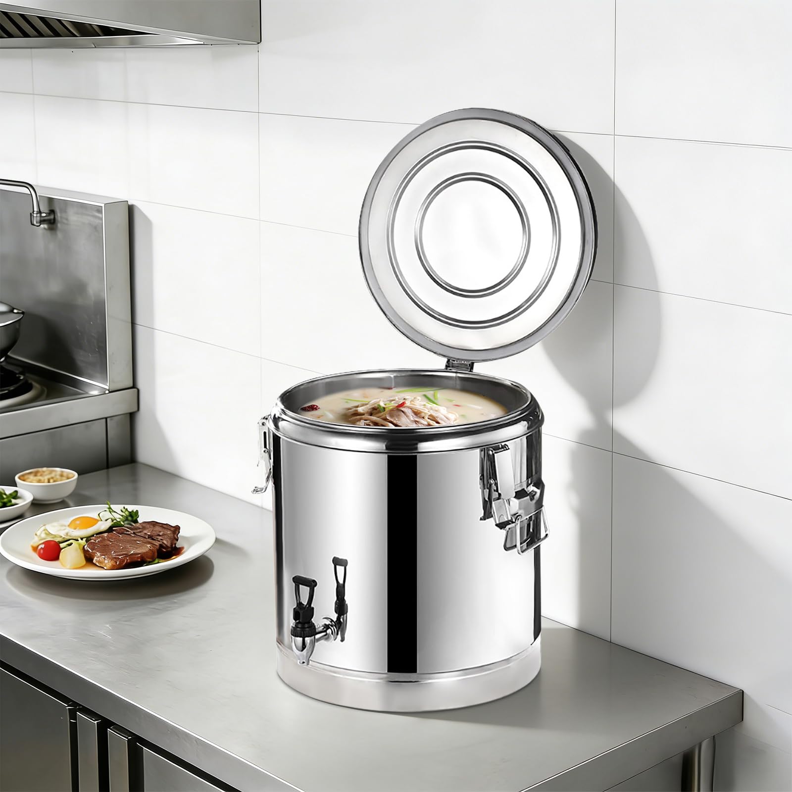 40L Edelstahl Thermobehälter, 35CM Große Öffnung 1.85CM Dicke Dämmschicht 200 °C Maximale Temperaturbeständigkeit mit Ablasshahn Deckel Gummiring für Kaffee Tee Oder Glühwein Hält Speisen Heiß Kalt