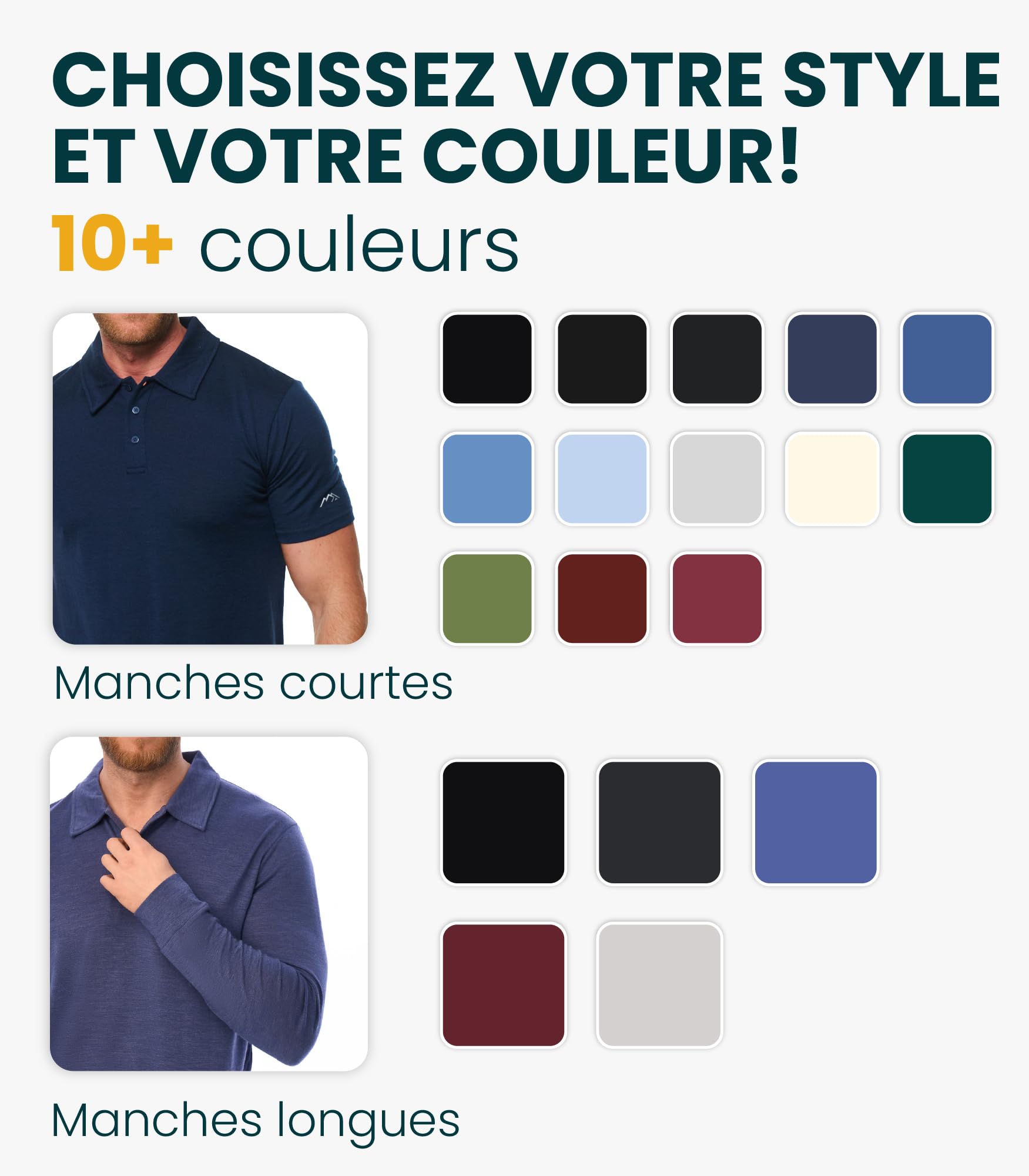 Merino.tech 100% Merinos Polo Homme - Polo Shirt Manches Courtes & Longues | Col Classique, Anti-Odeur, Régulation Thermique, Anti-Plis, Pour Le Bureau Et Les Loisirs, Lavable En Machine