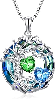 s925 Sterling Silver Family Celtic Tree of Life Pendant Necklaces with 2 Heart Birthstone with Blue Austrian Crystal Jewelry Birthday Anniversary Christmas Gifts for Her Wife Girlfriend Mom (18K Real White Gold Filled)