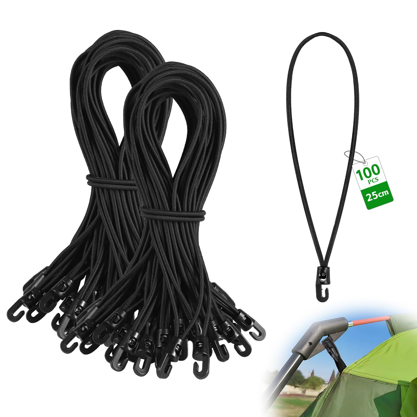 100 Piezas Goma tensora con Ganchos 25 cm Tensor elástico con Gancho Ø 4 mm Negro Cuerda elástica con Ganchos Tensor para Cortinas de jardín, pabellones, Tiendas de campaña, Banner, Carteles