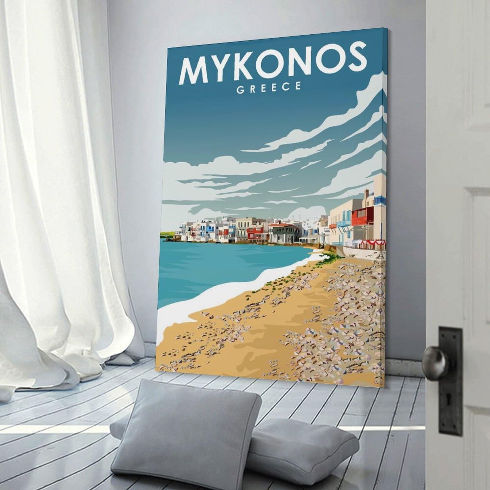Junmoney Mykonos Greek Travel Art Wall Picture Print, 08x12inch(20x30cm), for Flats, Guest Rooms Or Compact Rooms, Decorative Canvas Decor for Home Updates