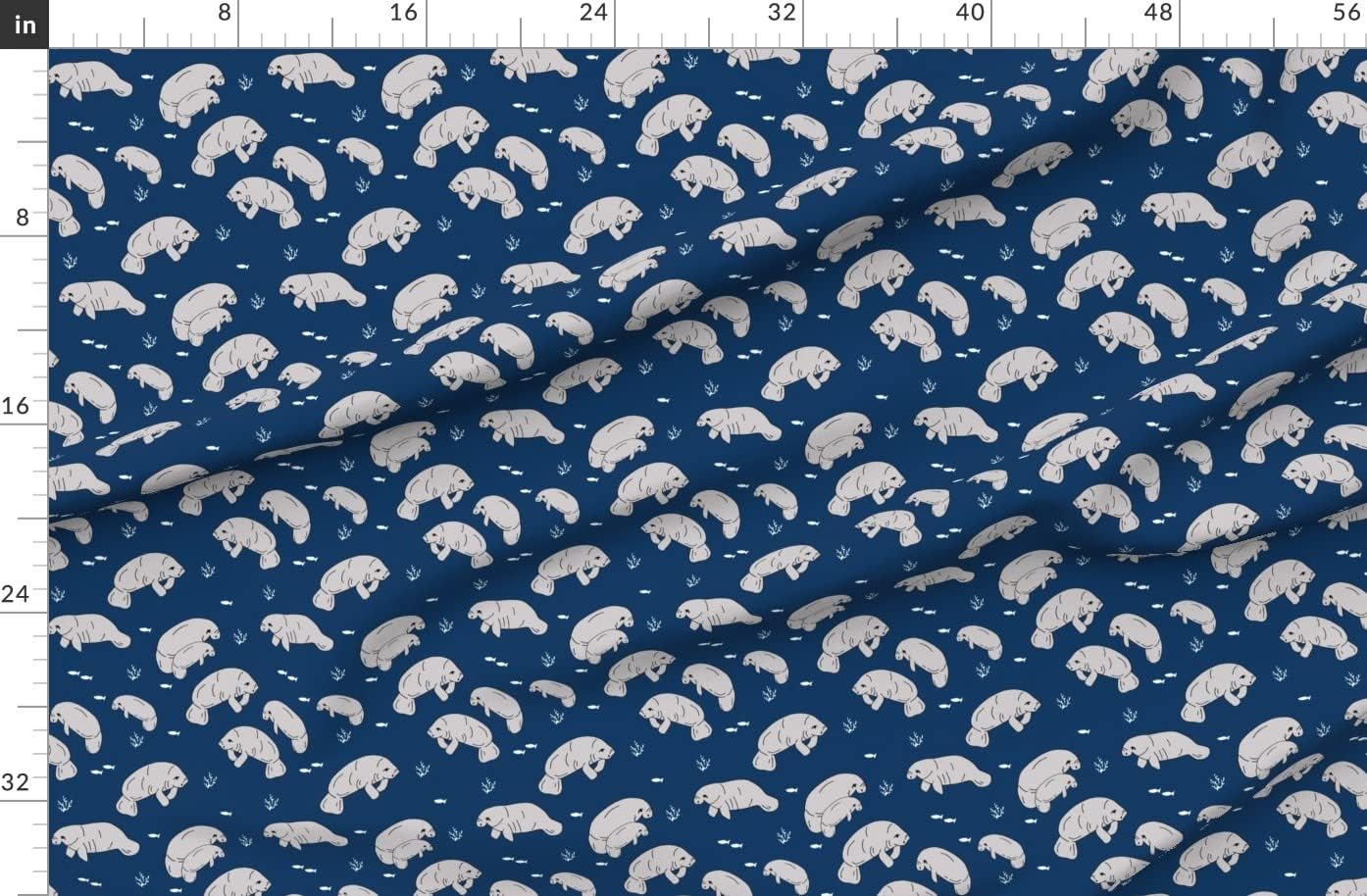 Spoonflower Fabric - Manatee Manatees Animals Navy Florida Nautical Printed on Organic Cotton Sateen Fabric by The Yard - Sewing Quilting Apparel Home Decor