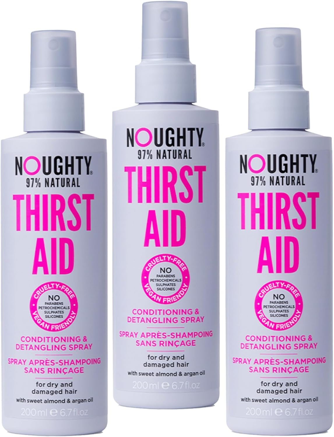 Noughty 97% Spray Revitalisant et Démêlant Désaltérant Naturel, Soins Capillaires Végétaliens Sans Sulfate 97% Naturel 3 x 200ml Spray TRIO