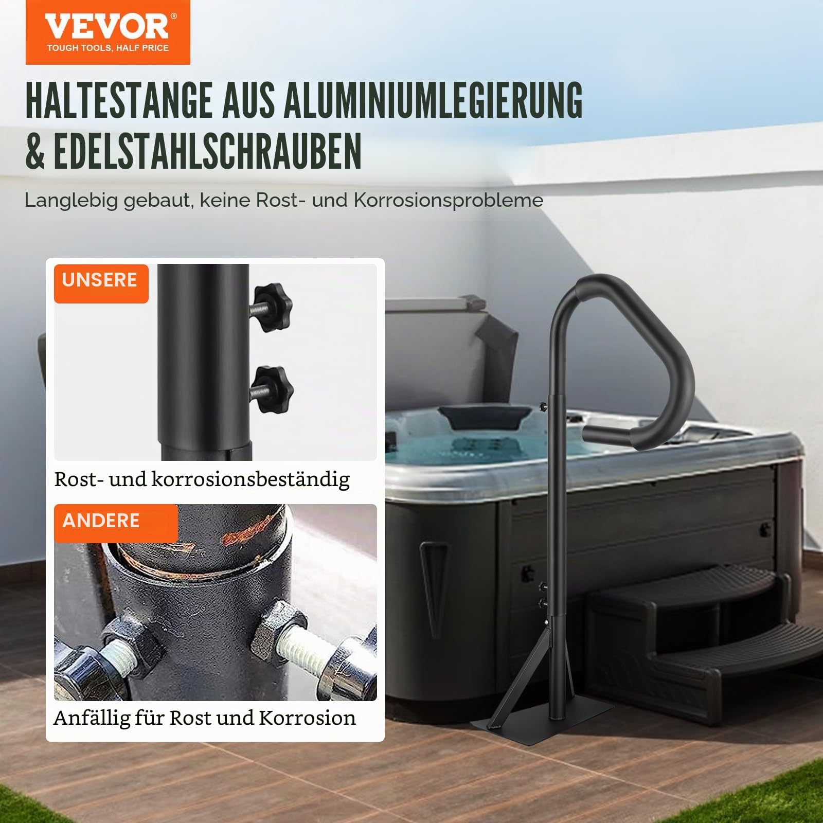 VEVOR Whirlpool Handlauf 272kg Tragfähigkeit Spa-Geländer aus Aluminiumlegierung Pool Handlauf Höhenverstellbar von 122,92 bis 160cm Haltegriff Einstiegshilfe 360° drehbar für Schwimmbäder Whirlpools