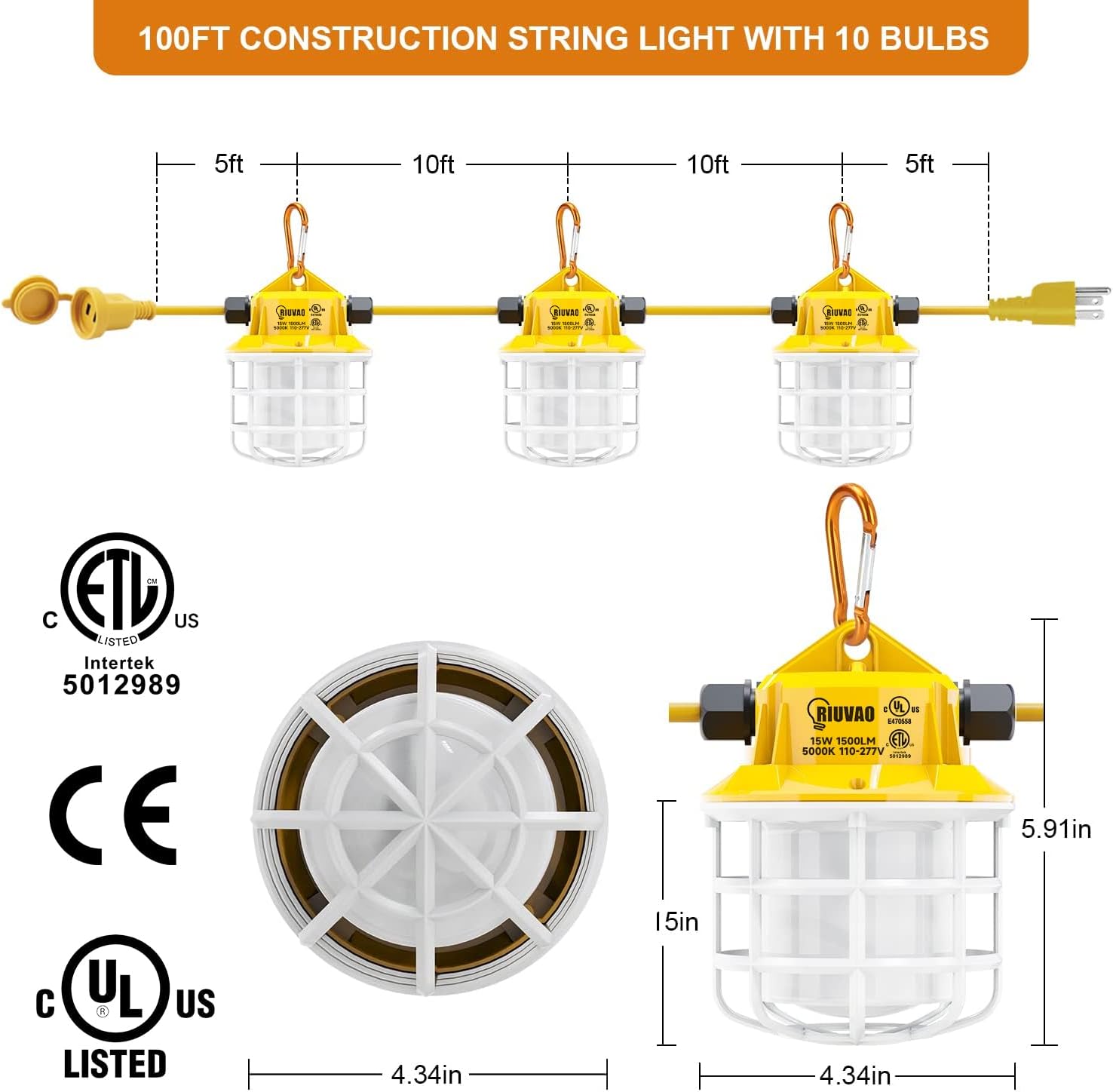 100ft LED Construction String Lights, 150W 15000LM Super Bright LED String Work Light, Construction Temporary Lights apply to Renovation, Courtyard, Jobsite, and All Outdoor Lighting (100ft-10lights)
