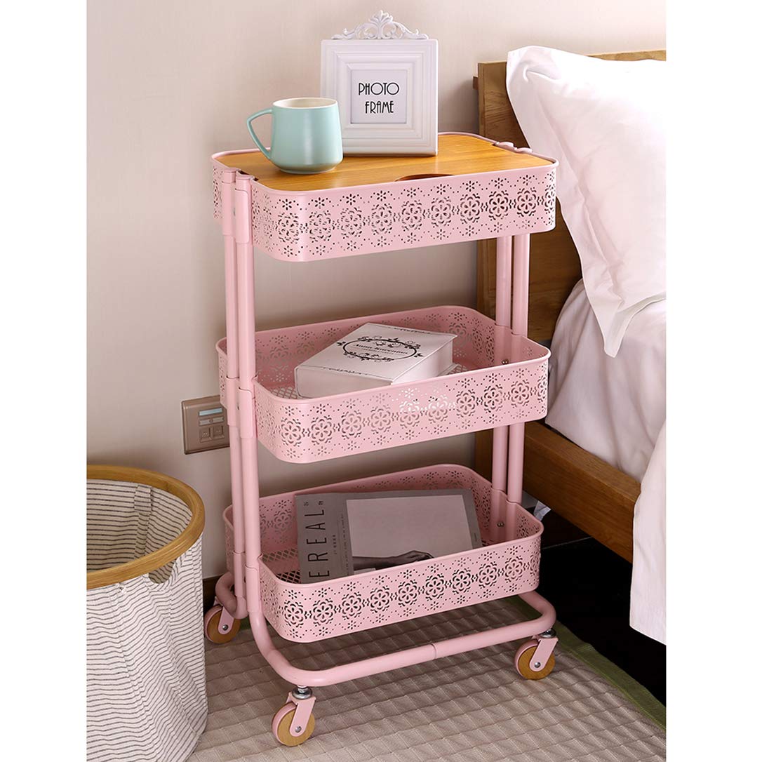 ZYFA Carrello Cucina a 3 Piani Servizio,Scaffale Portaoggetti Mobile, Multiuso, Salvaspazio Scaffale Rete Metallica Contenitori, in Legno Robusto Rotolamento Metallo,4 Ruote Girevoli