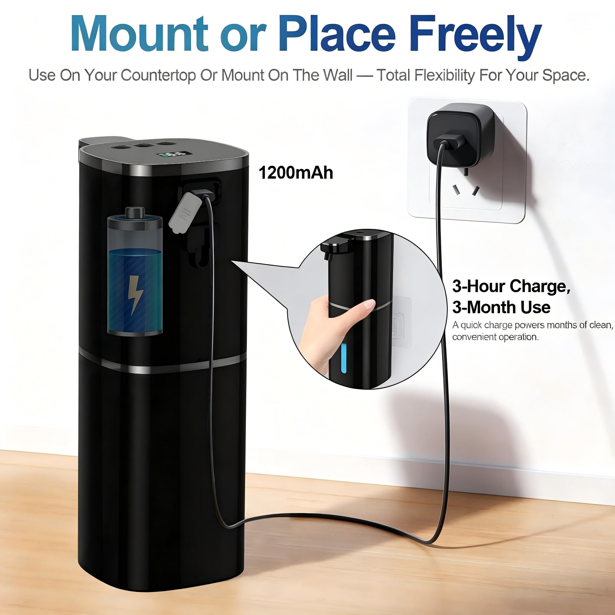 Dispensador automático de jabón líquido, 9 niveles ajustables, 380 ml, dispensador de jabón de manos o jabón para platos, sensor IR y pantalla, montaje en pared o mesa para baño, cocina (negro)