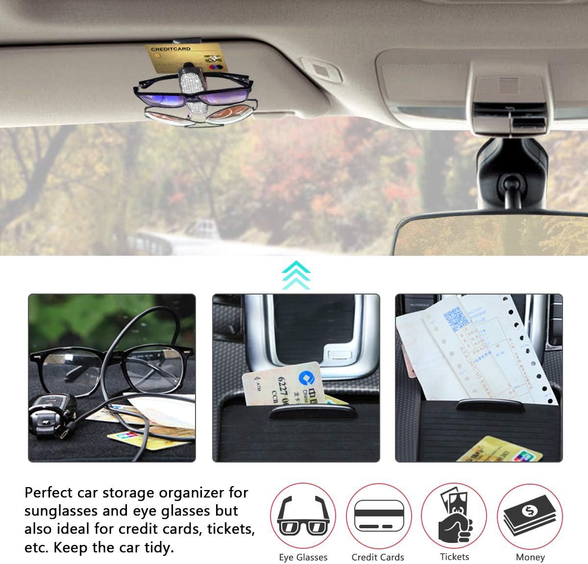 Glasses Holder for Car Visor,Fashion Bling Crystal Rhinestones Car Sun Visor Glasses with Double-Ended Ticket Clip Holder Accessories (Silver)