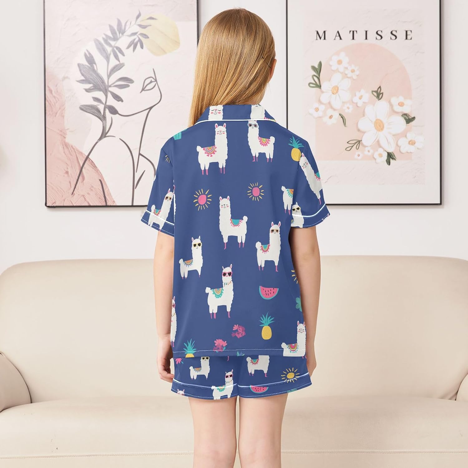 ZZXXB Llama Cacti Kids Satin Short Sets Outfits Casual Button Down Short Sleeve Lounge Set S-XXL